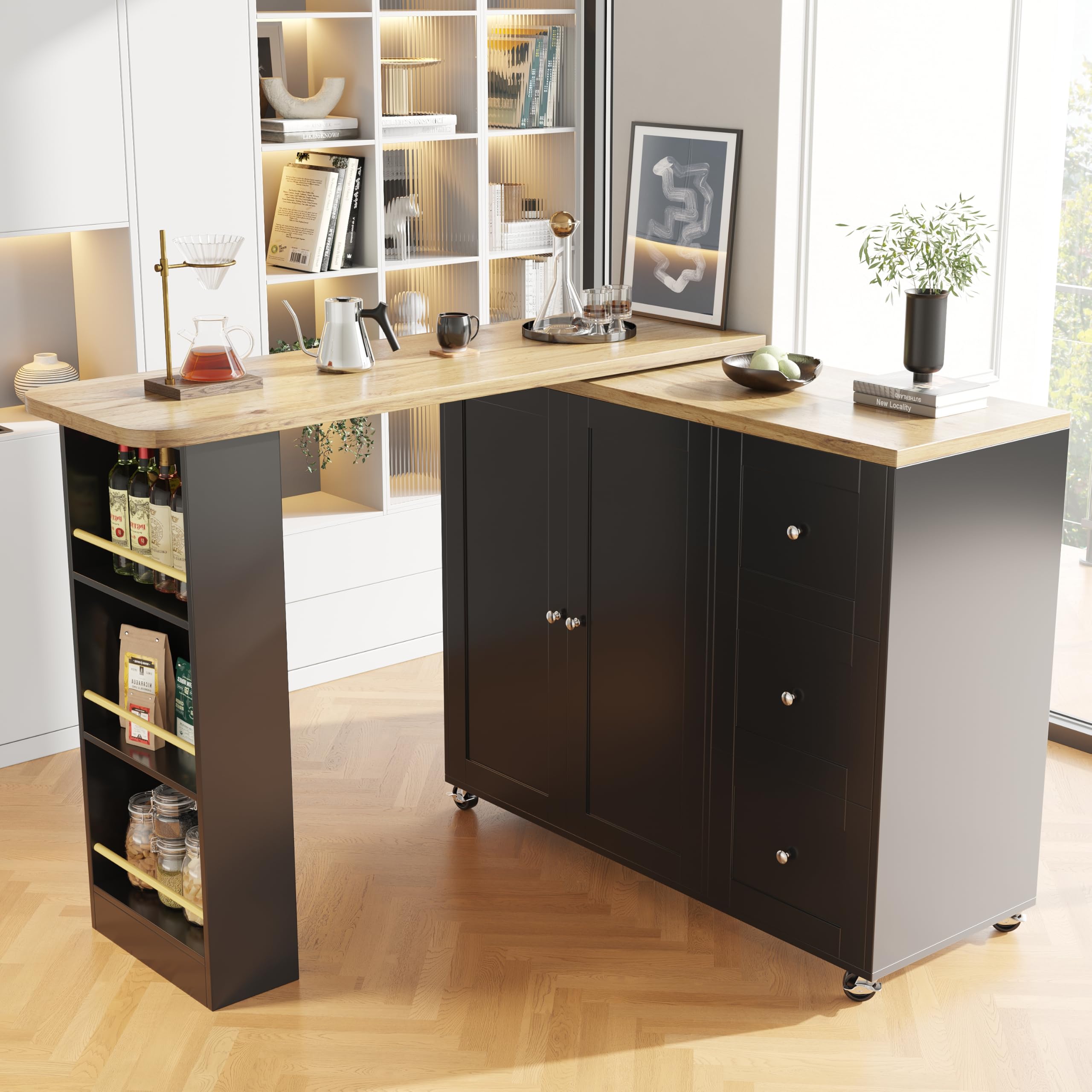 ModernLuxe 360° Swivelling Bar Table on Castors, Breakfast Bar with 3 Drawers and Snack Rack, Multifunctional Storage, Innovative Kitchen Islands, Suitable for Dining Room, Black, 138-209x39x106cm