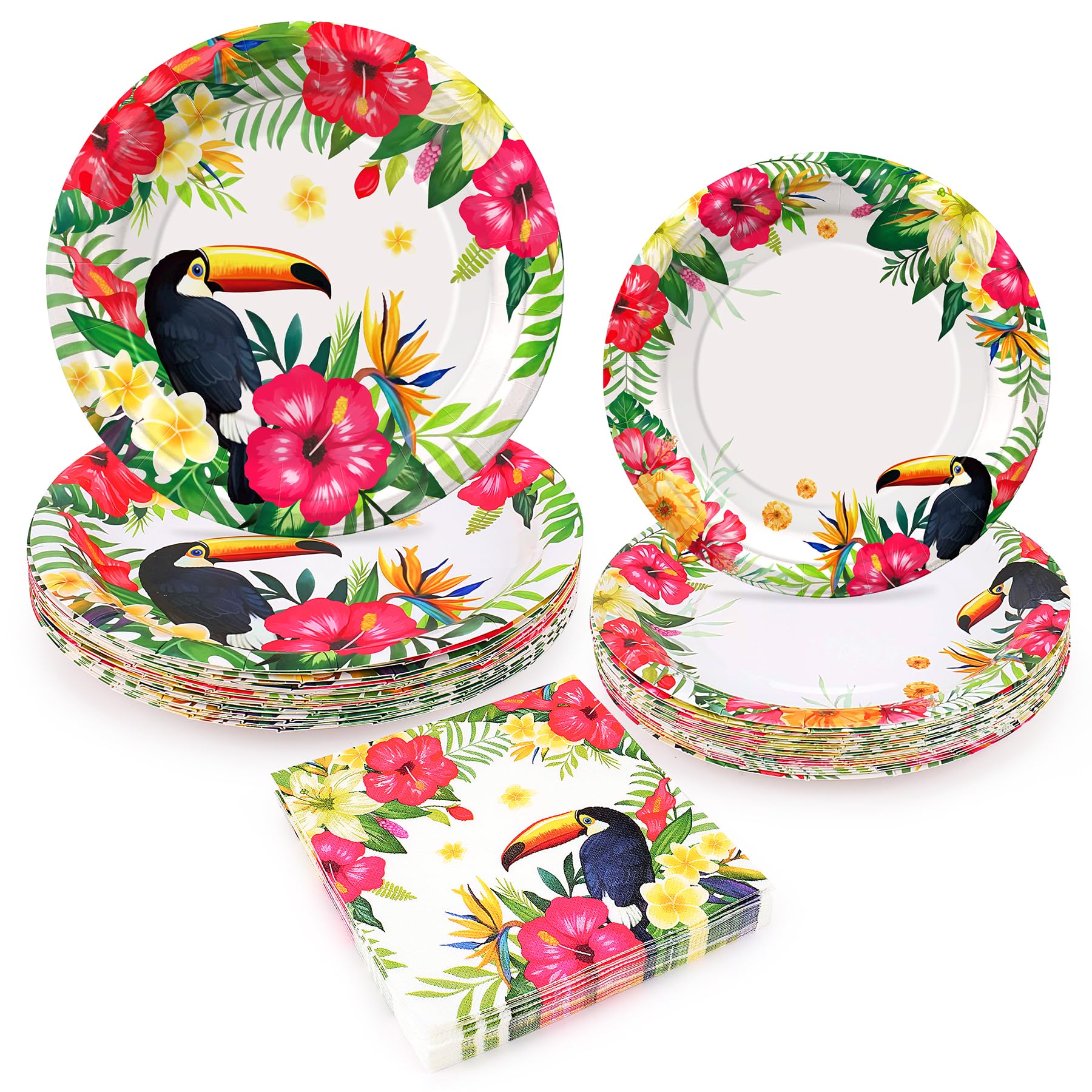 Fighting to Achieve 72PCS Hawaiian Luau Plates and Napkins, Set of 24 Toucan Tropical Disposable Plates for Aloha Birthday Party Decorations, Luau