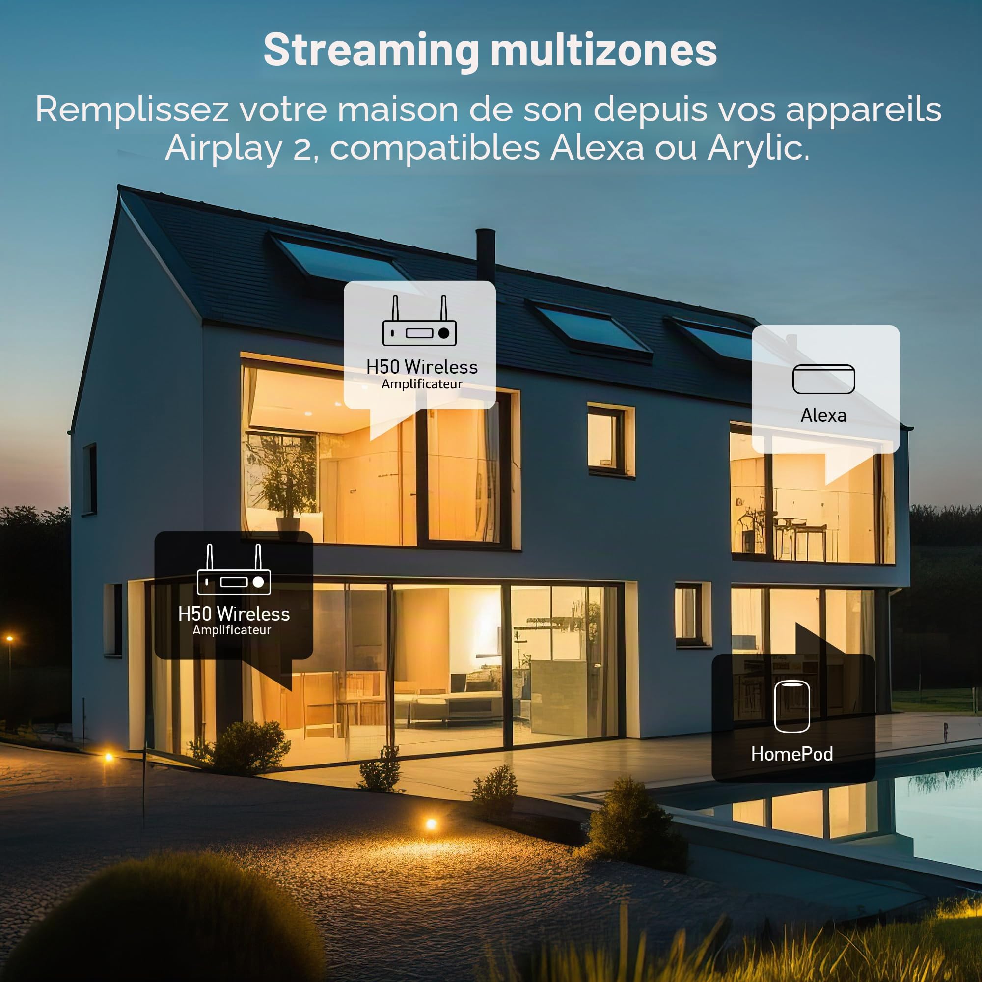 Arylic H50 Amplificateur Wi-FI Hi-FI Multiroom avec Bluetooth aptX HD, HDMI Arc, AirPlay et Spotify Streaming pour Musique Domestique sans Fil. Prend en Charge la Transmission et la réception de