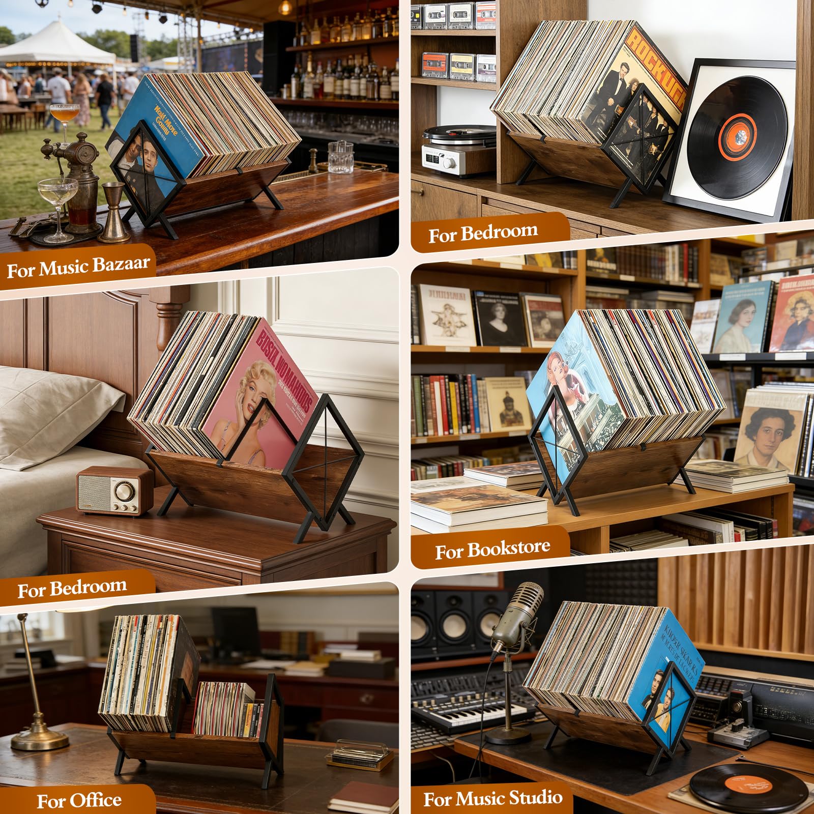 Scaffale in vinile per 80 LPs, combinazione in legno e metallo con divisorio regolabile, portariviste e organizer per CD, album, libri, per soggiorno, ufficio