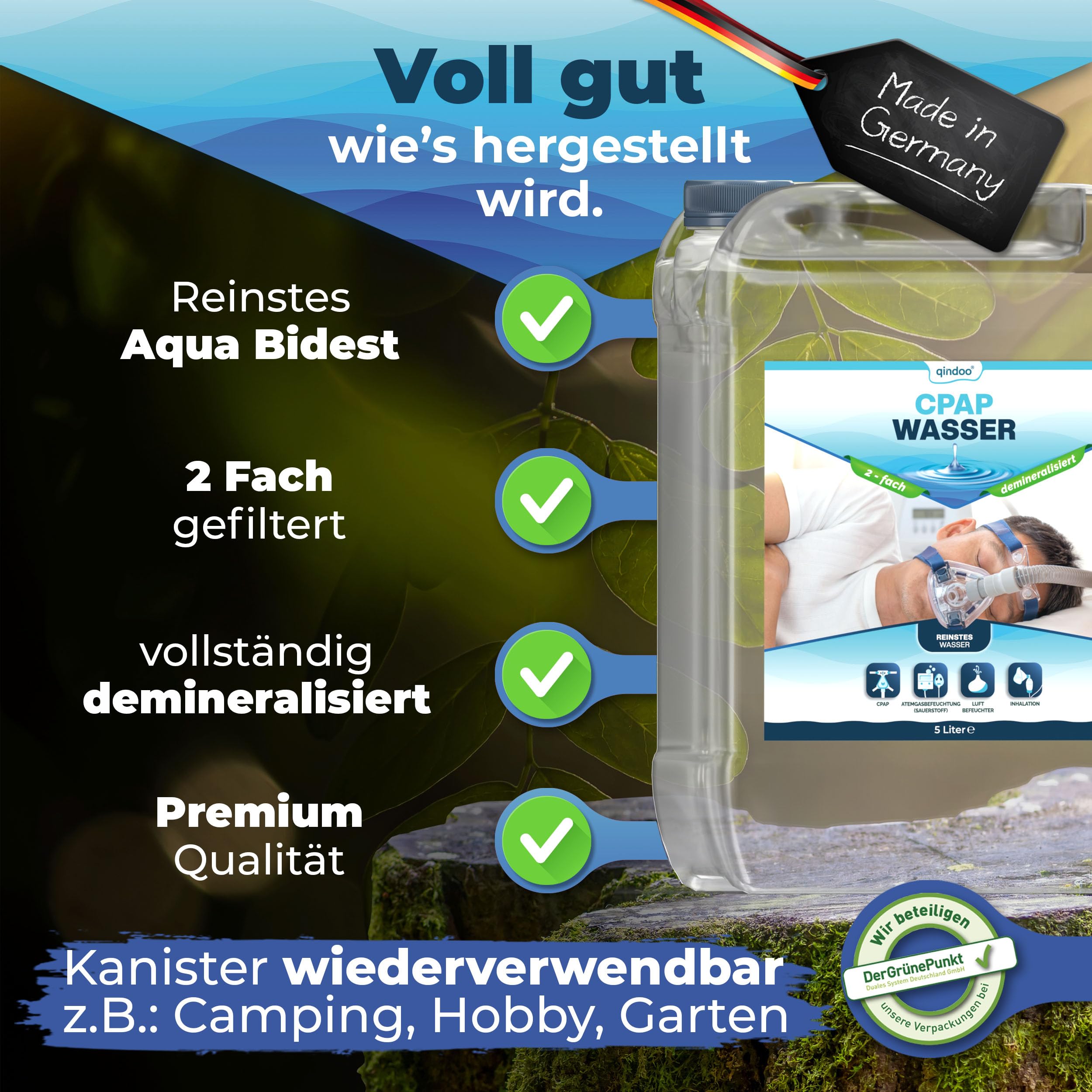 5L Qindoo CPAP Wasser für Luftbefeuchter I Sauerstoff-Geräte, Inhalator, bi destilliertes Wasser für medizinische Zwecke CPAP (5 Liter)