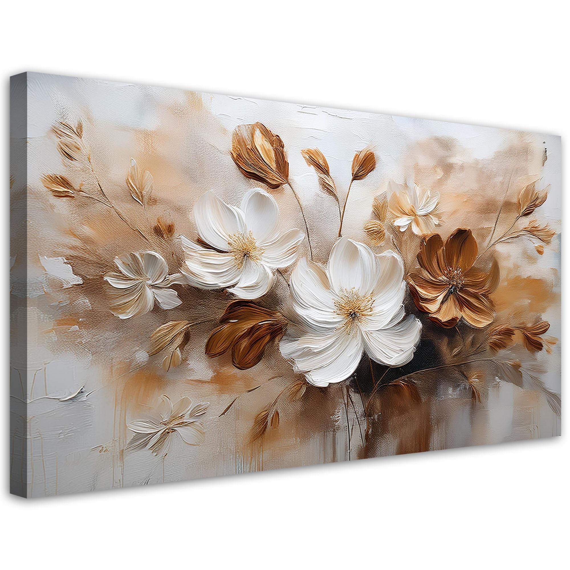 Feeby Quadri Camera Da Letto - Stampa su Tela - Quadro Moderno Soggiorno - Fiori selvatici dipinti di bianco e marrone - 100x50 cm - Decorazione Da Parete