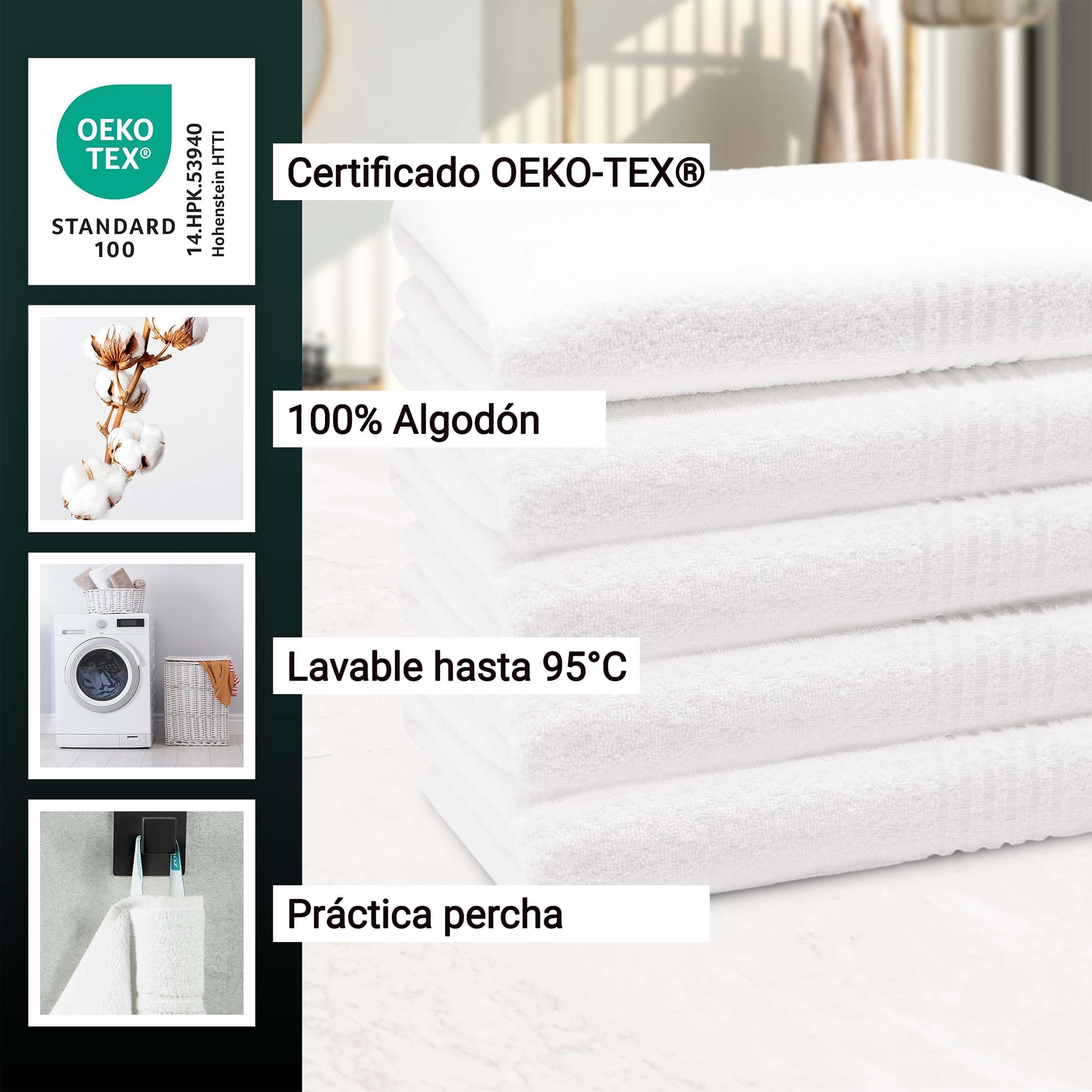 ZOLLNER Juego de 5 Toallas de Ducha en 70x140 cm - Toallas Muy absorbentes en Blanco - con práctica Percha - con Elegante Borde a Rayas - Lavable hasta 95°C - algodón - Calidad hotelera