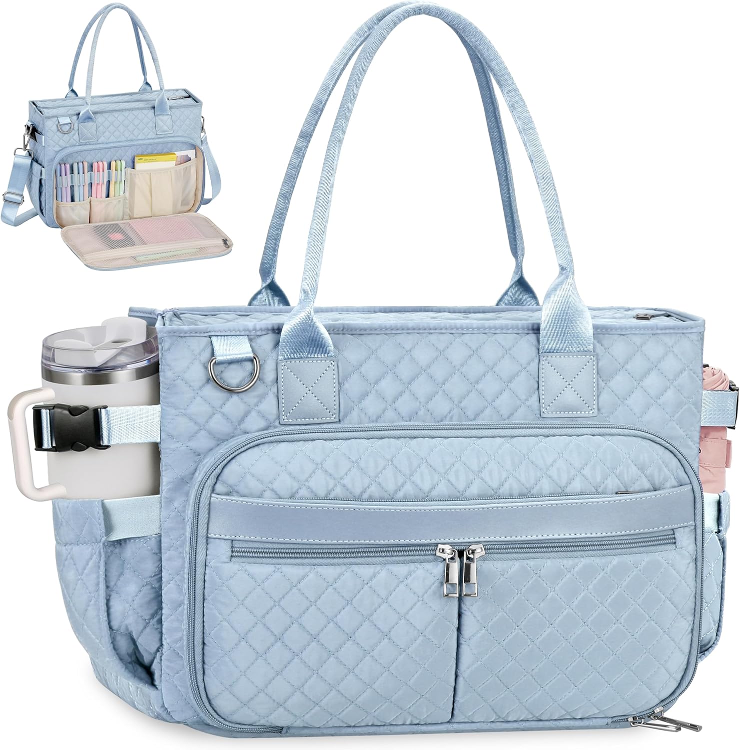 FIORETTO Teacher Tote Bag for Women with Laptop Compartment, Large Cup Holder, Zip Closure, Ideal for Work, Bible, Nurse