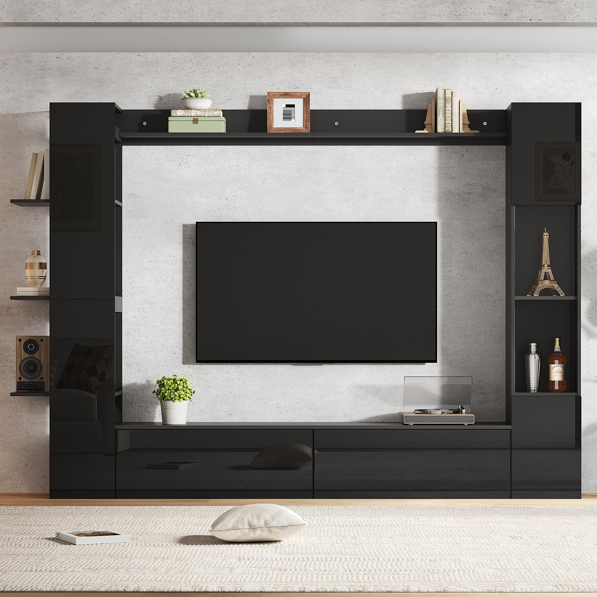 TV Wohnwand Wohnzimmer Set für Fernseher bis zu 70 Zoll, Wohnwand Schwarz Wohnzimmermöbel Set mit TV Schrank und Vitrine, Schrankwand Wohnzimmer Wohnzimmerschrank mit Stauraum, 228x30x170 cm