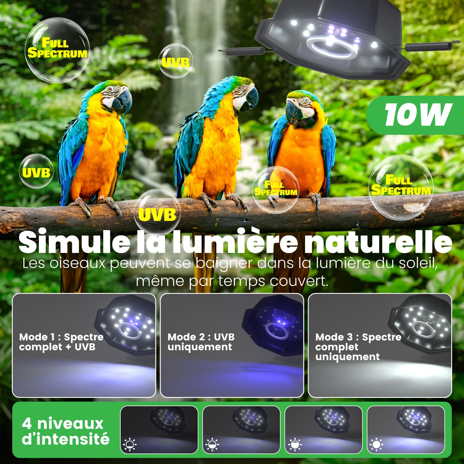 GlowUp Lampe Oiseau UVB 2.4 10W, Lumière LED à Spectre Complet pour Oiseaux avec Cordon Résistant à la Mastication, Luminaire Octogonal Dimmable pour Cage avec Prise EU et Contrôleur pour Perroquets