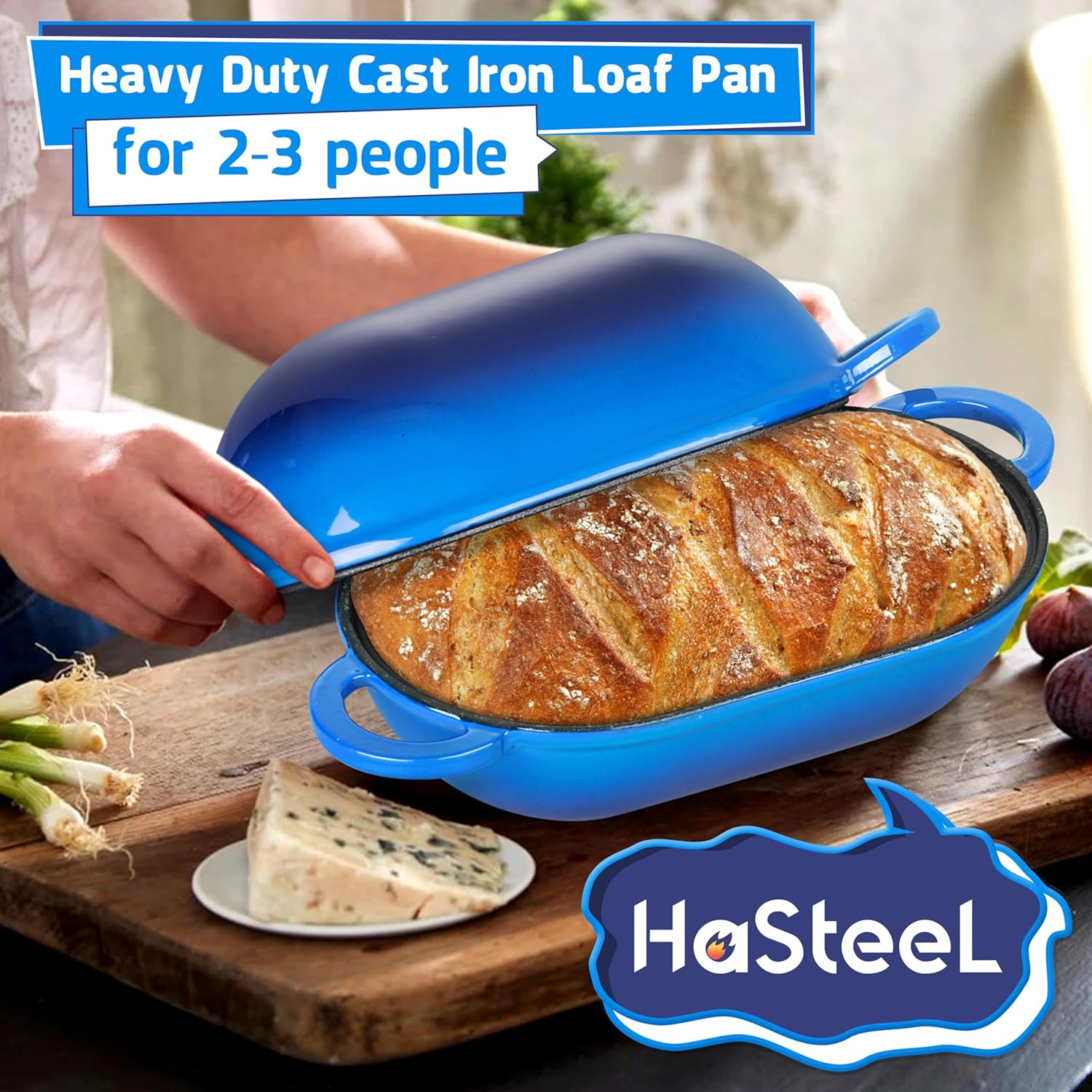 2-In-1 Enamel Loaf Pan with Lid, HaSteeL Small 2.8 QT Cast Iron Dutch Oven for Homemade Bread Sourdough Cake Meatloaf Baking, Blue