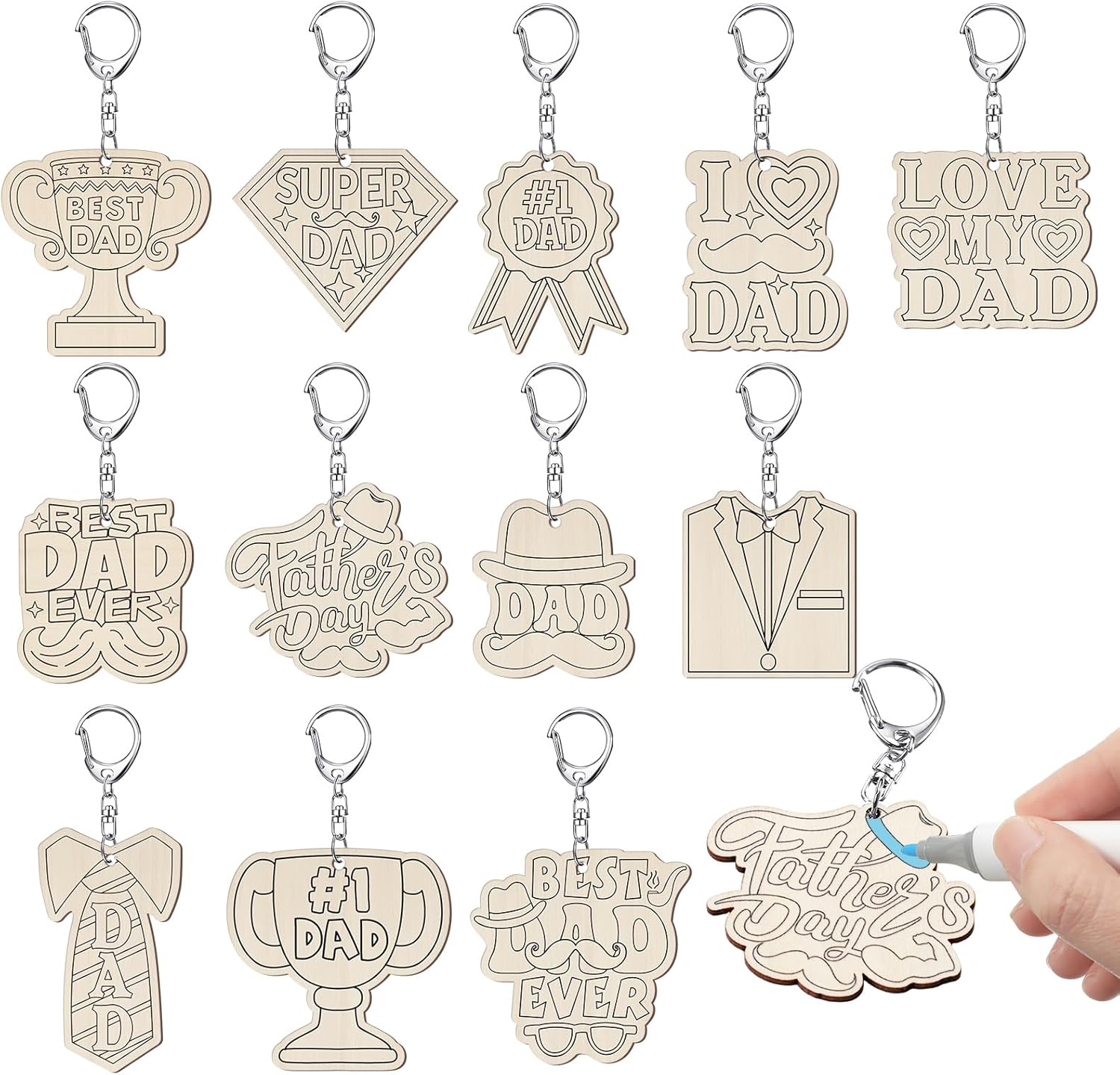 24 Pcs Dad Craft Color Your Own Keychains DIY Craft Wooden Blank Keychains for Sunday School Classroom Home Active Party Favors Gifts, 12 Styles