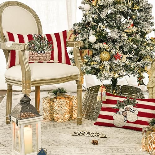 Miniatura 3 de AVOIN colorlife Juego de 4 fundas de almohada de Navidad, muñeco de nieve, reno, eucalipto, color rojo, 12 x 20 pulgadas, diseño de rayas de