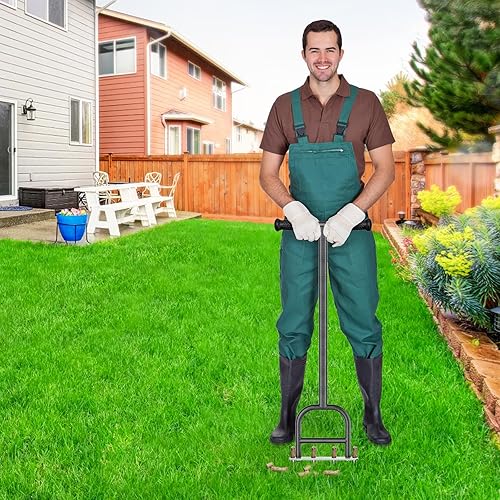 Miniatura 6 de Dolibest Aireador de extracción de césped, herramienta aireadora de acero inoxidable con 4 núcleos con agarre de goma suave, herramienta manual de