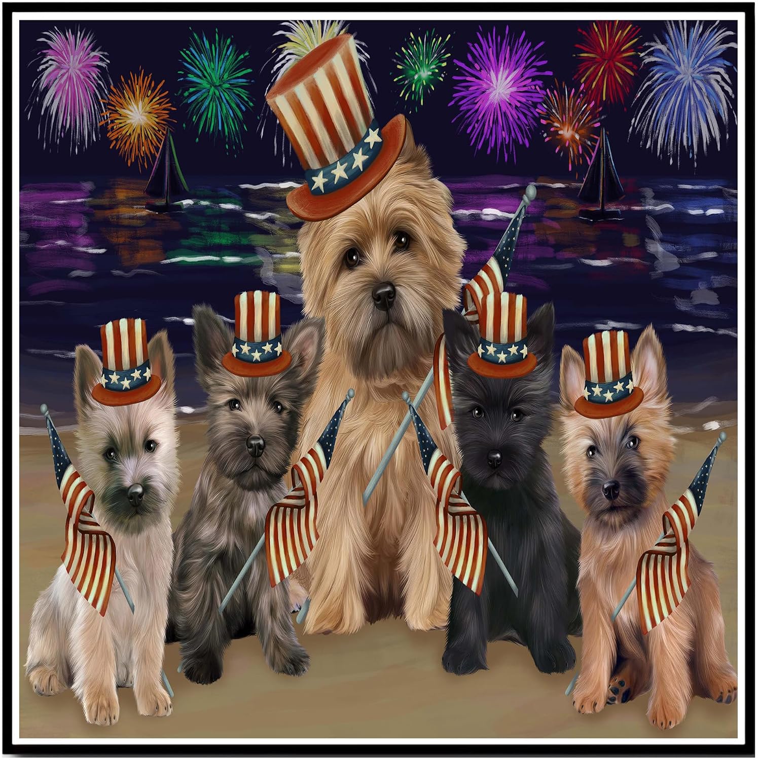 Cairn Terrier Patriotic Framed Canvas Wall Art, 4th of July Dog Print with Uncle Sam Hat, Red White Blue Independence Day Wall Decor for Living Room - Floating Framed Black, 16" x 16"