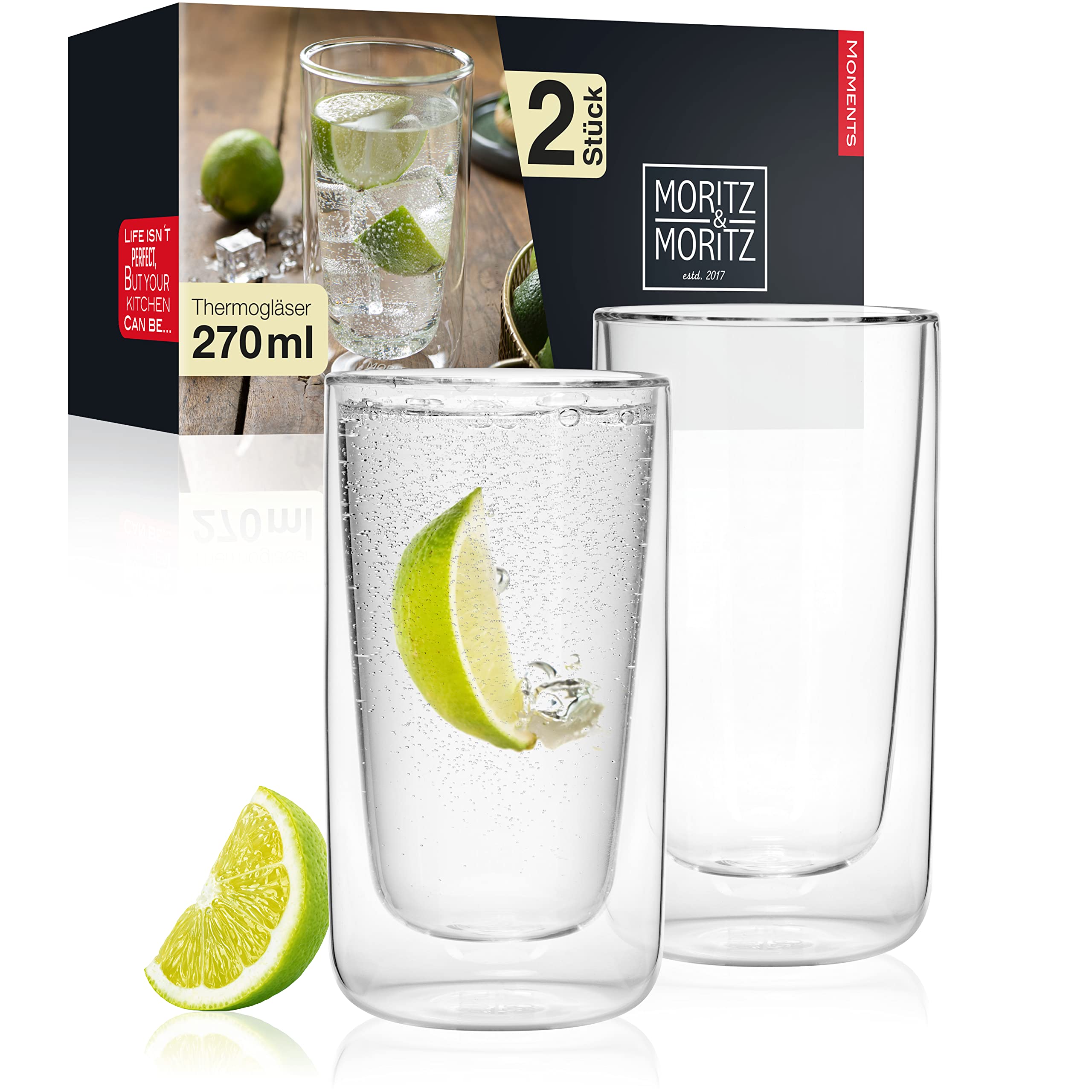 Moritz  Moritz 2x 270 ml Trinkgläser Set Doppelwandig – Doppelwandige Gläser für Cocktails, Wasser, Tee, Kaffee oder Longdrinks - Spülmaschinengeeignet