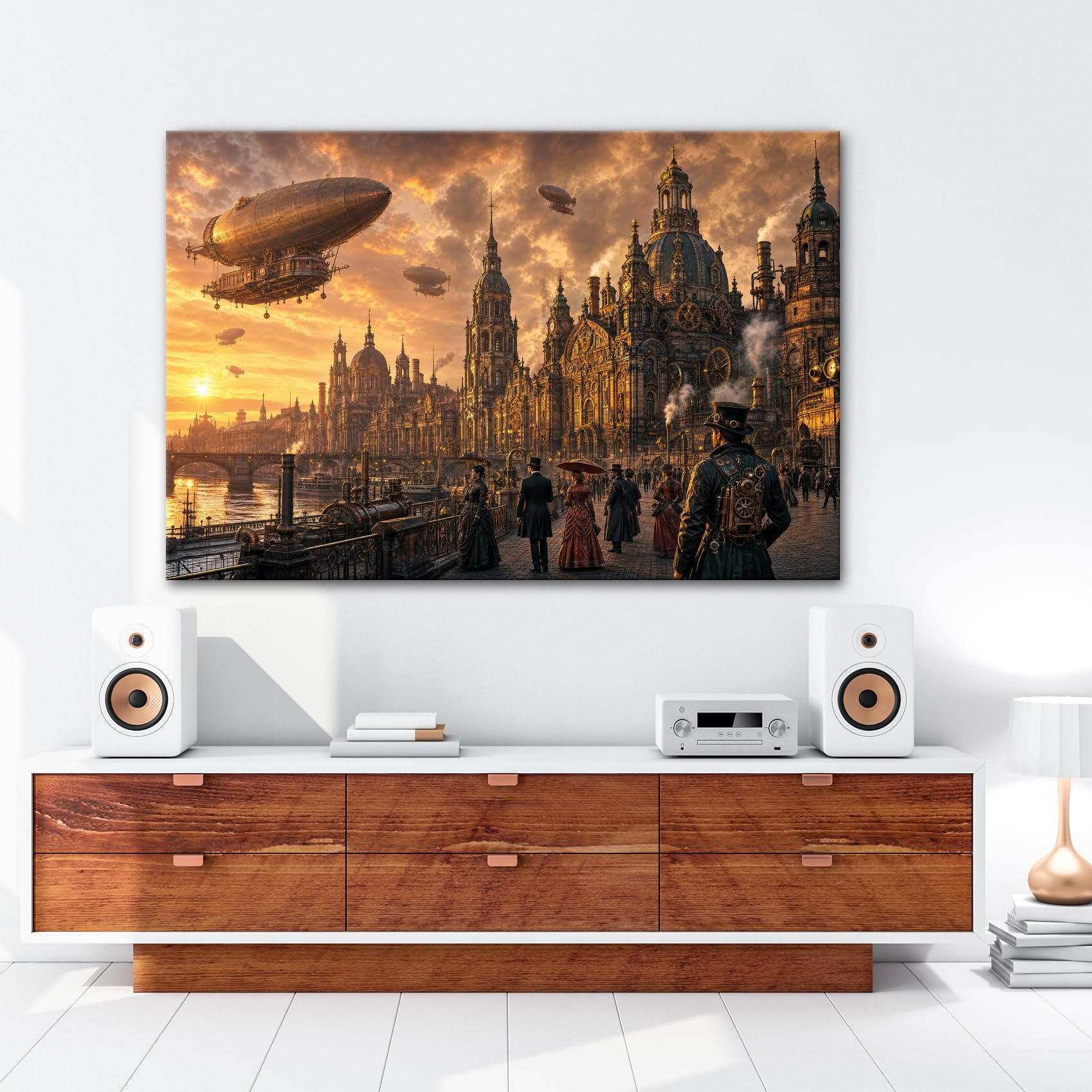 deyoli Obraz na płótnie Steampunk Drezno ze sterowcami 80 x 60 cm kolorowy