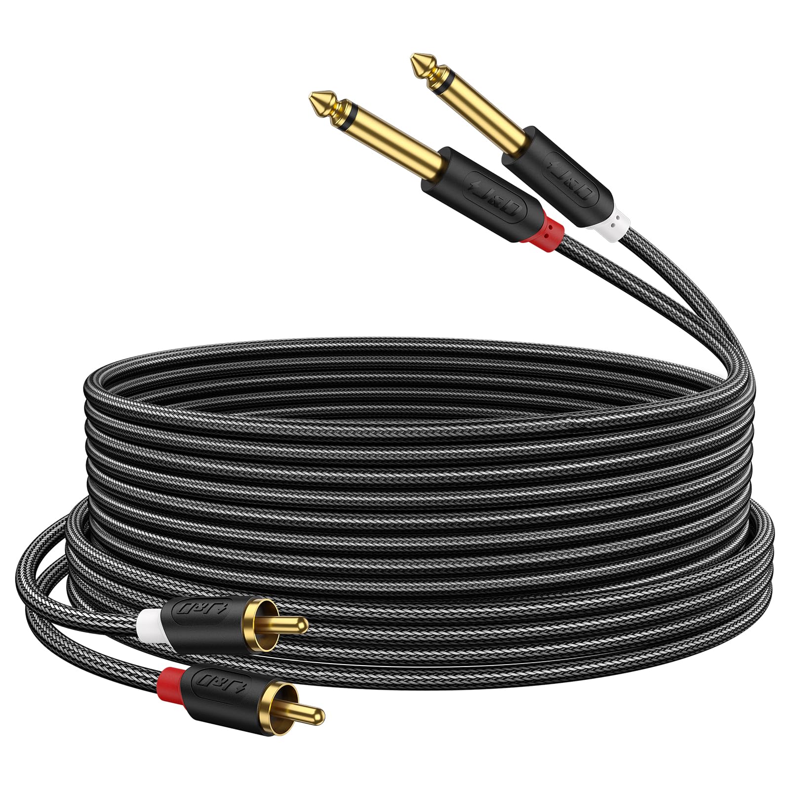 J&D Gold Plated Dual 1/4" TS to RCA Cable - Stereo Audio Interconnect with Nylon Braid for Mixer, Amplifier, 9 Feet