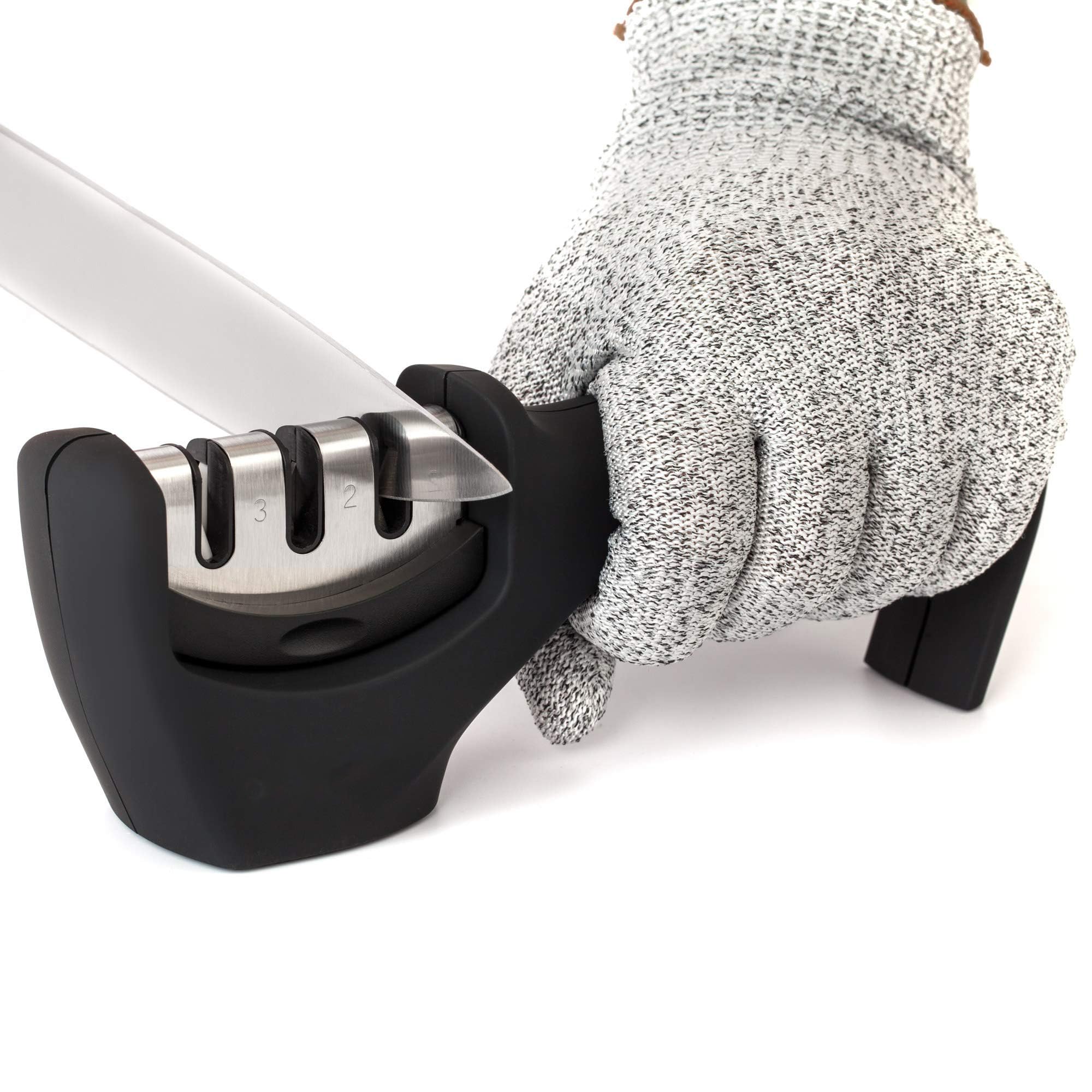 4-in-1 Kitchen Knife Accessories 3-Stage Knife Sharpener Helps Repair Restore Polish Blades and Cut-Resistant Glove Black