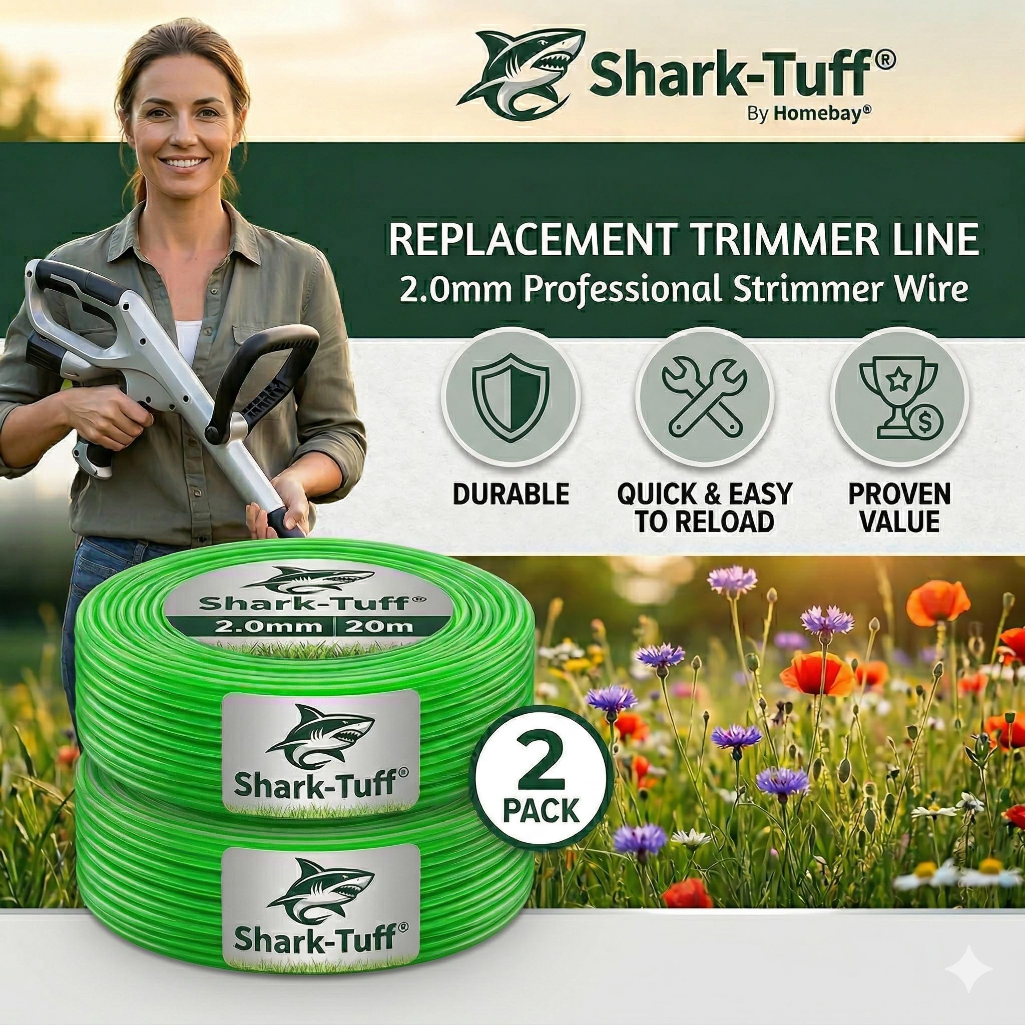 Shark-Tuff® Pack of 2 - Universal Strimmer Wire 2mm x 20m Heavy Duty | Grass Trimmer Line Strimmer Cord | Suitable for All String Petrol & Electric Trimmers (Total 40m) — view 3