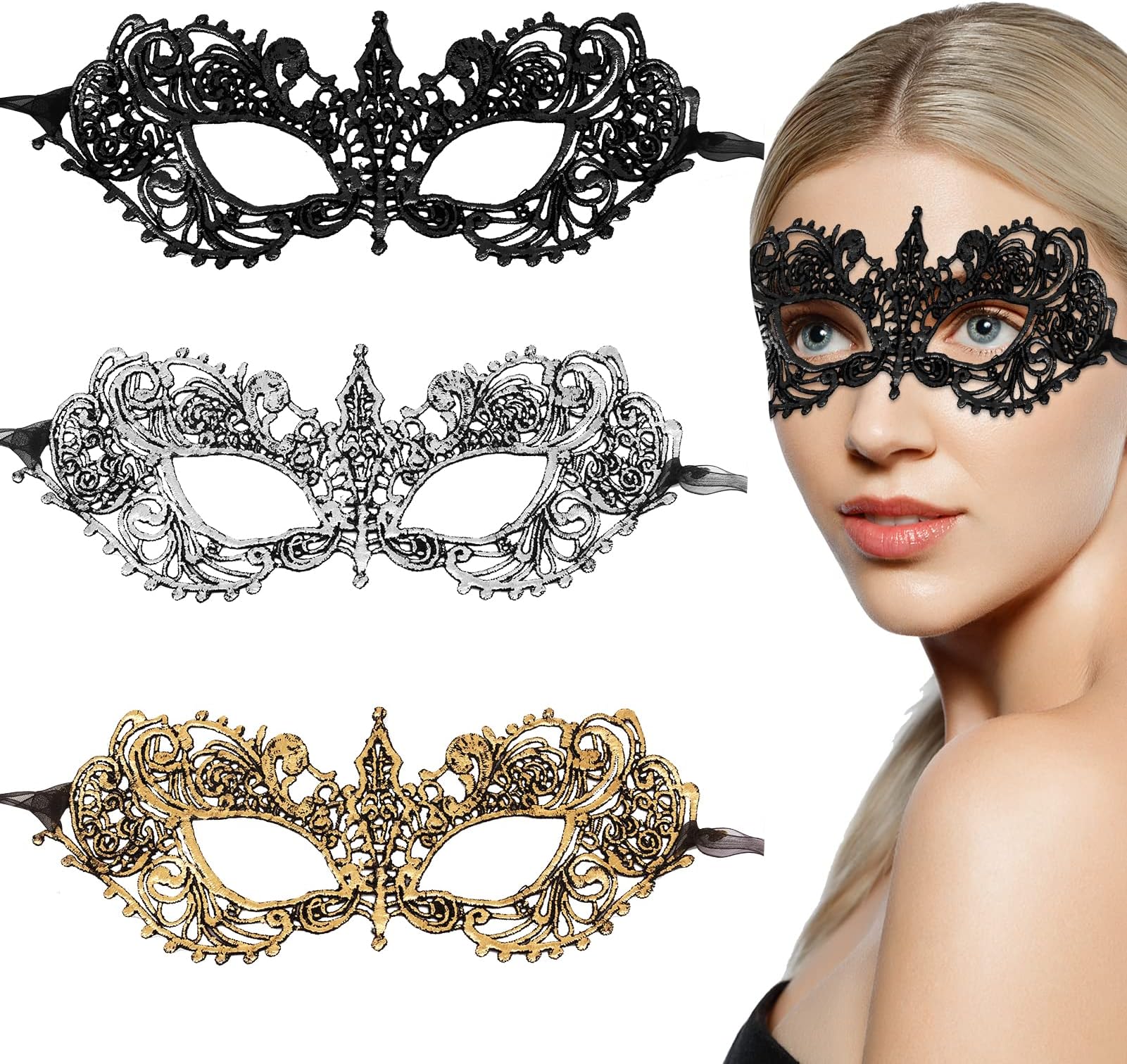 3pcs Masquerade Masks Lace Prom Mask Carnival Venetian Mask Venetian Half Face Mask Sexy Lace Eye Mask Masquerade Ball Masks for Costume Party Cosplay Women Girl Ladies Couples Halloween Mardi Gras