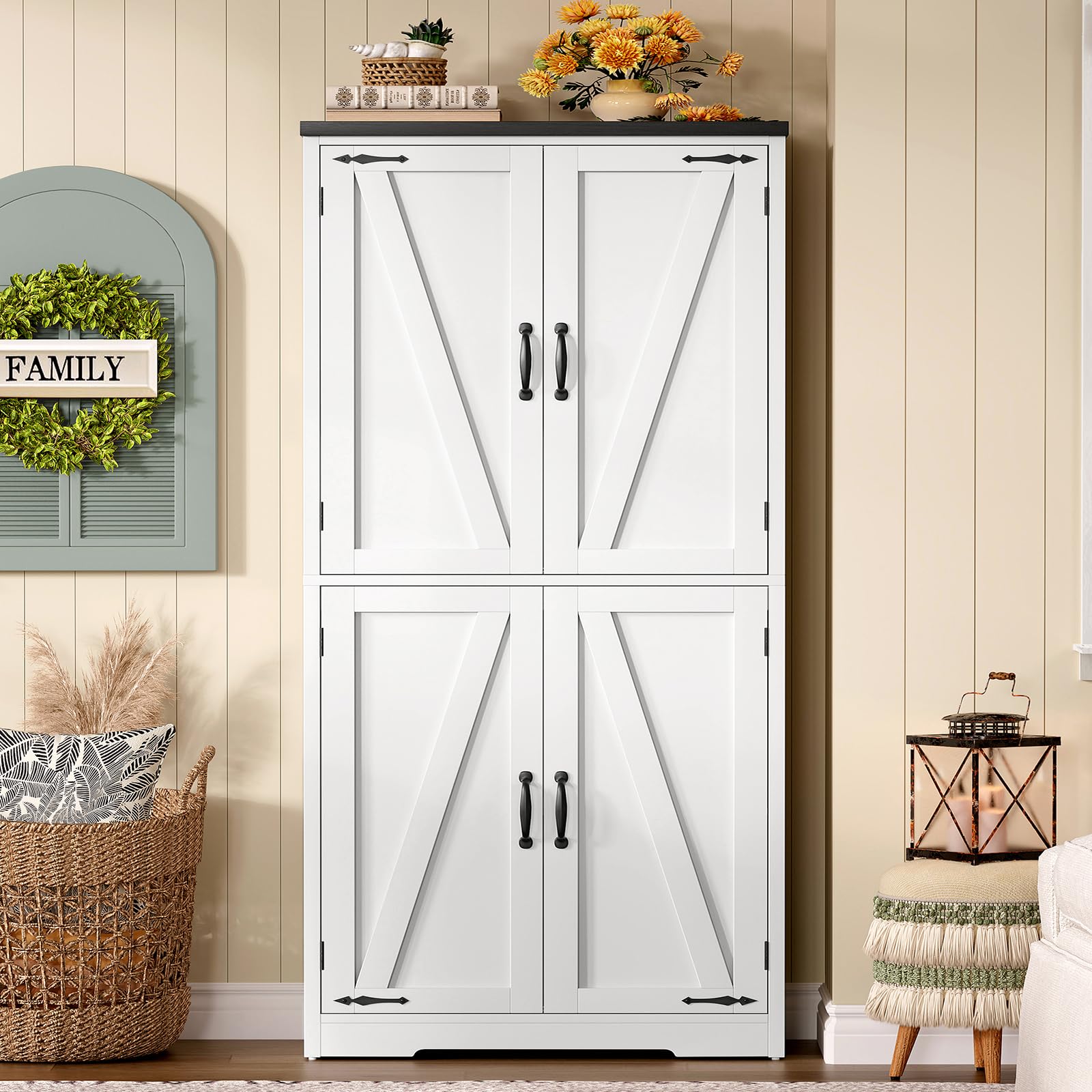 TEENFON 148 cm Alacena de Cocina, Armario de Cocina con 4 Puertas de Granero, Armario Alto con 2 Estantes Fijos & 1 Estantes Ajustables, para Comedor, Sala de Estar, Baño - 60 x 30 x 148 cm - Blanco