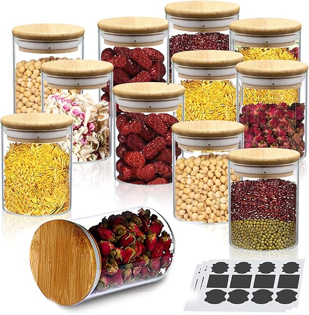 12Pcs Glass Storage Jars, 250ML Glass Sealed Jar with Bamboo Airtight Lids and Rewritable Labels, Glass Storage Tanks for Spice, Sugar, Tea, Coffee Beans, Snack Nuts, Herbs, Grains