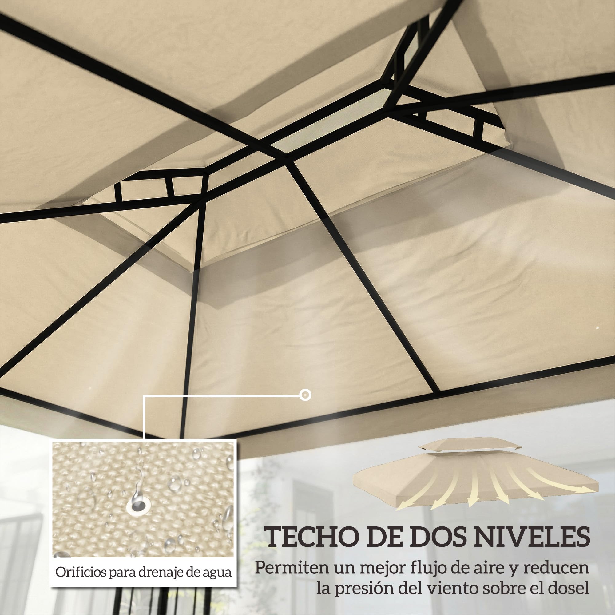 Outsunny Techo de Repuesto para Cenador, 4x3 m, Cubierta de Repuesto con Techo Doble, 10 Orificios de Drenaje y Protección UV, Solo Toldo de Recambio para Pabellón Gazebo, Blanco Crema