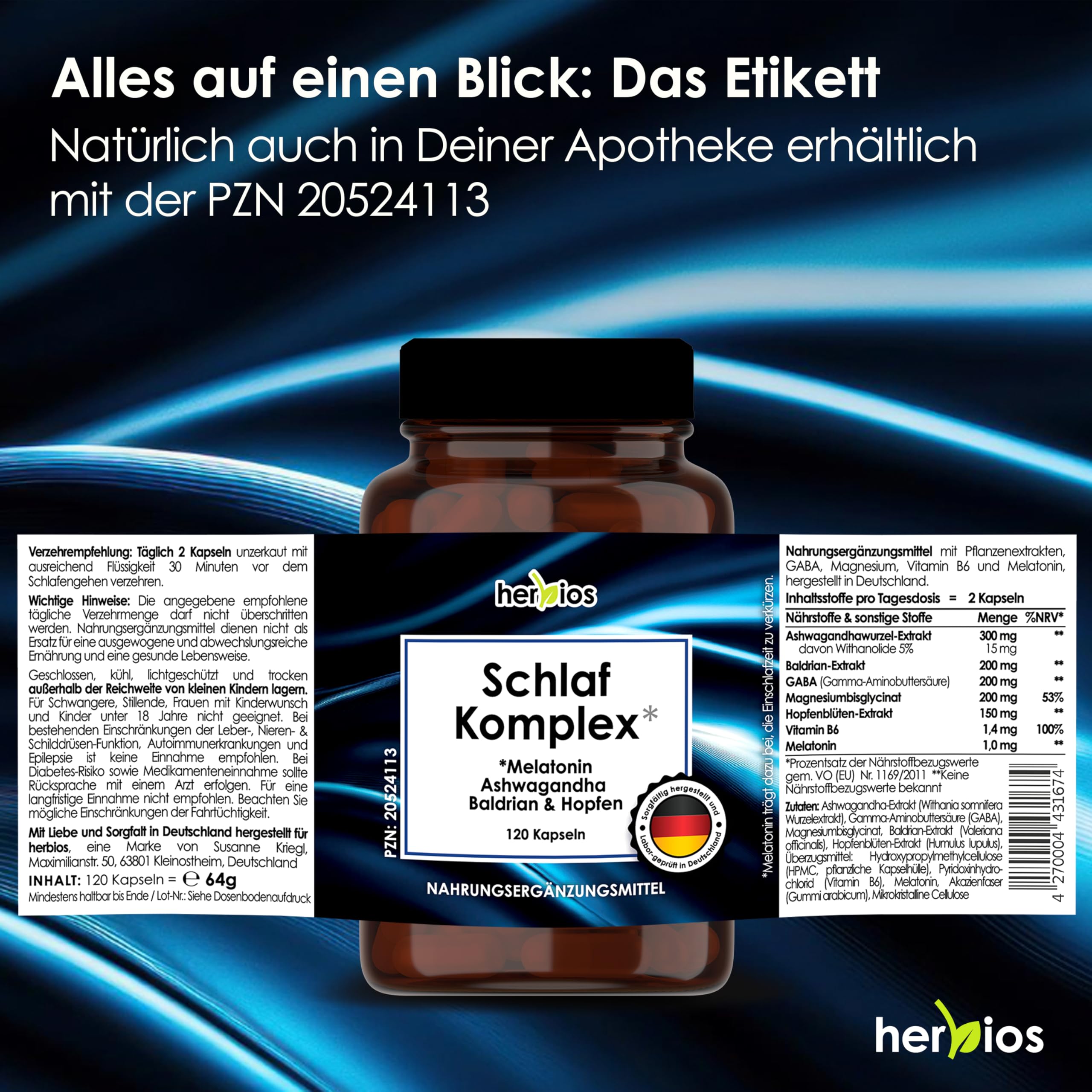 Schlaf Komplex - 120 Kapseln - mit Melatonin, GABA, Baldrian, Magnesium, Vitamin B6 & Ashwagandha – Natürlich, Laborgeprüft & ohne Tierversuche