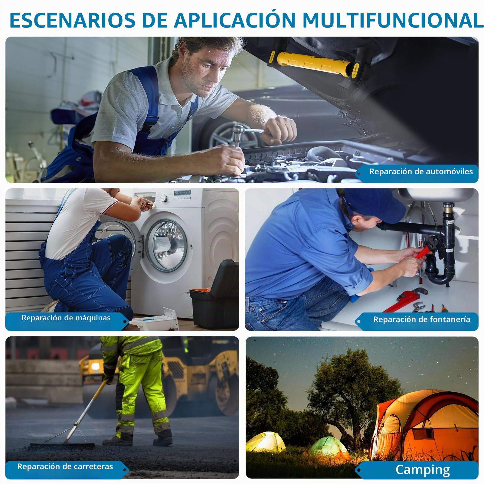 AUTOUTLET Lámpara de Trabajo LED Recargable Magnética 6000mAh 3000 Lúmenes, 3 Colores de Luz, Impermeable Banco de energía de Emergencia con Gancho Giratorio 360° para Taller, Camping y Garaje