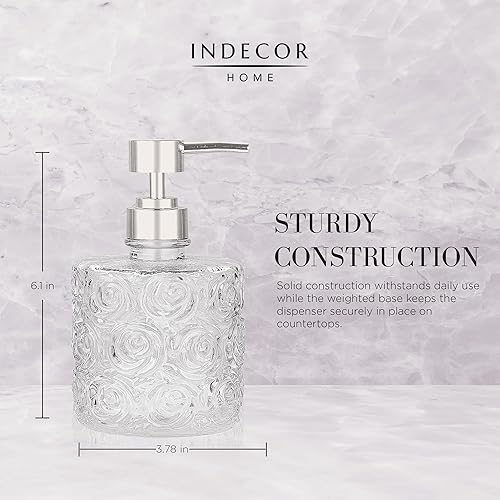 Miniatura 4 de Marcella - Dispensador de jabón de vidrio con bomba de jabón, capacidad recargable de 14 onzas, patrones de rosas de diseño floral, vidrio grueso