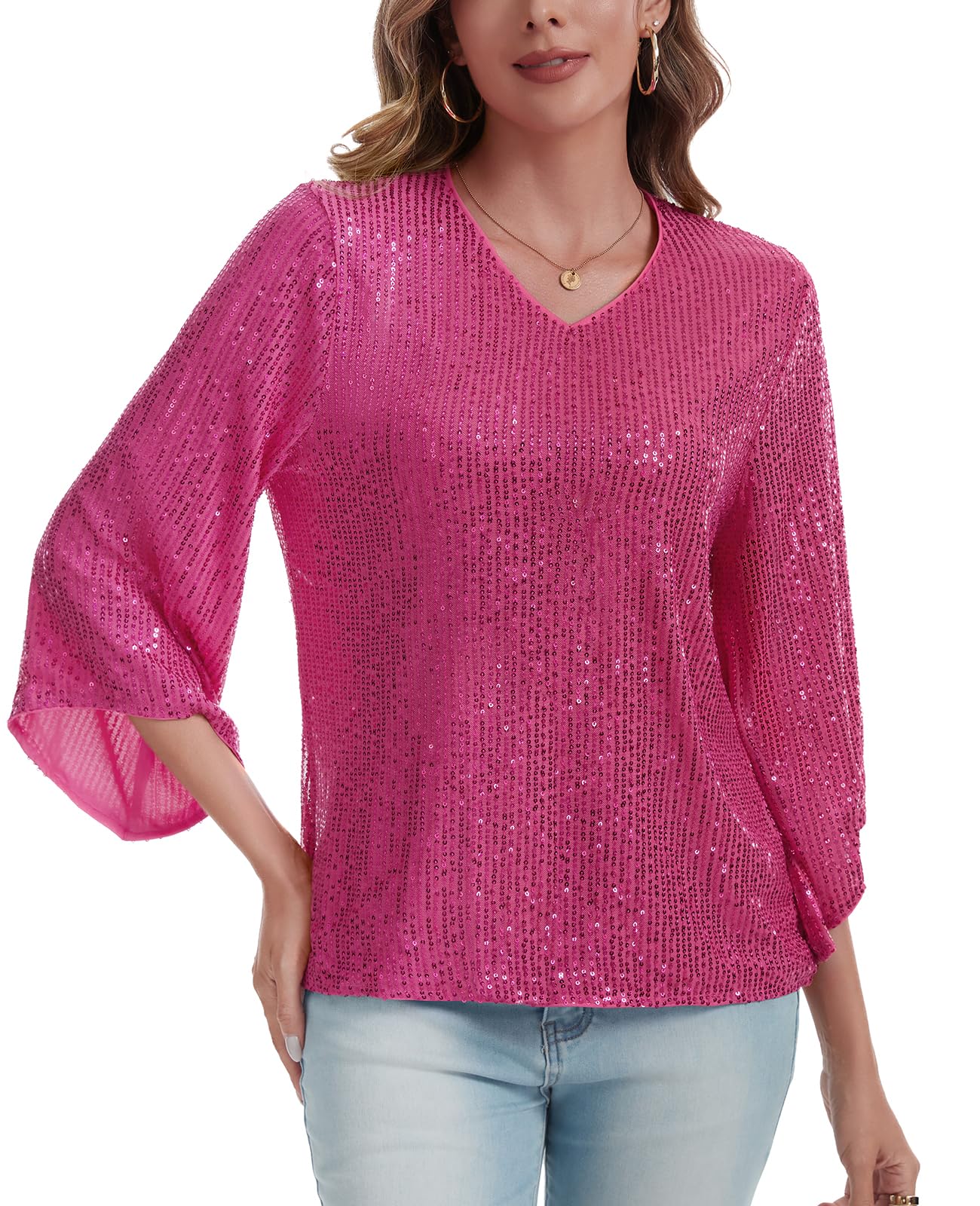MINTLIMIT Women's Sparkly Sequin Tops V Neck 3/4 Ruffle Bell Sleeve Top Fully Lined (Hot Pink XL)