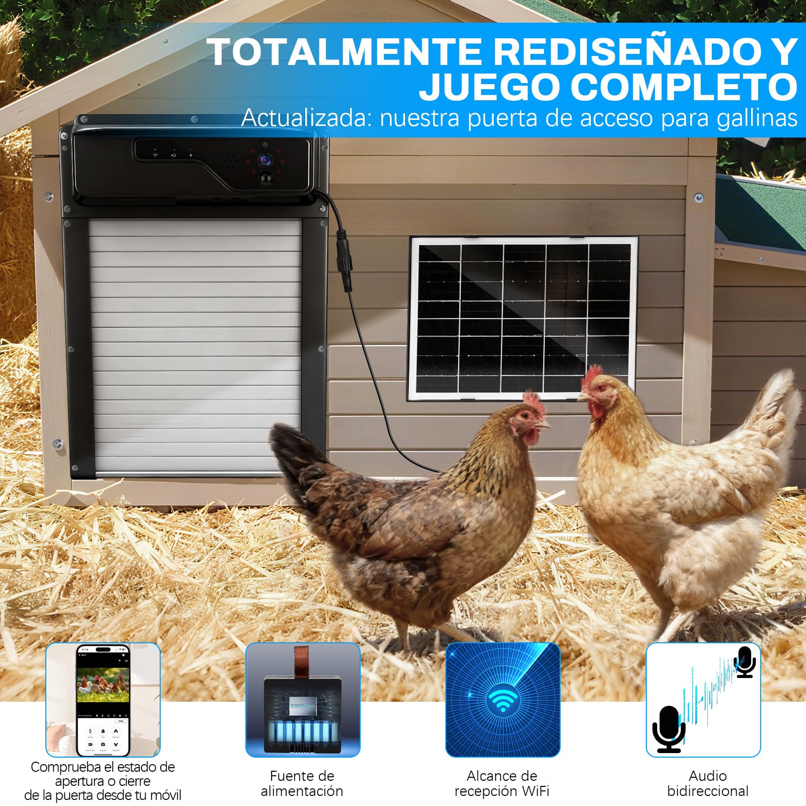 Puerta Gallinero Automatica Solar con Cámara 1080P, Control por Aplicación y WiFi, Visualización Estado Puerta en Tiempo Real, Función de Aviso sonoro y Temporizador, Batería 5000 mAh