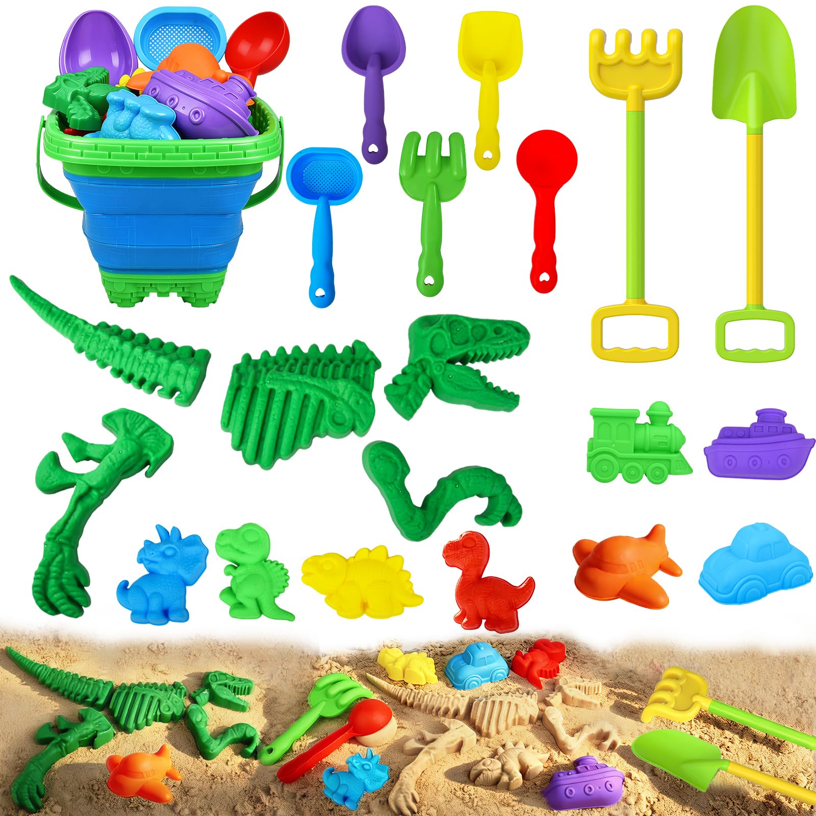 Sotodik 22PCS Dinosaur Beach Toys for Kids, Sand Toys Set with Collapsible Bucket, Molds,Shovel Rake,Mesh Bag,Dino Digging Building Kit Molds,Summer Outdoor Travel Toys for Toddlers Boys Girls