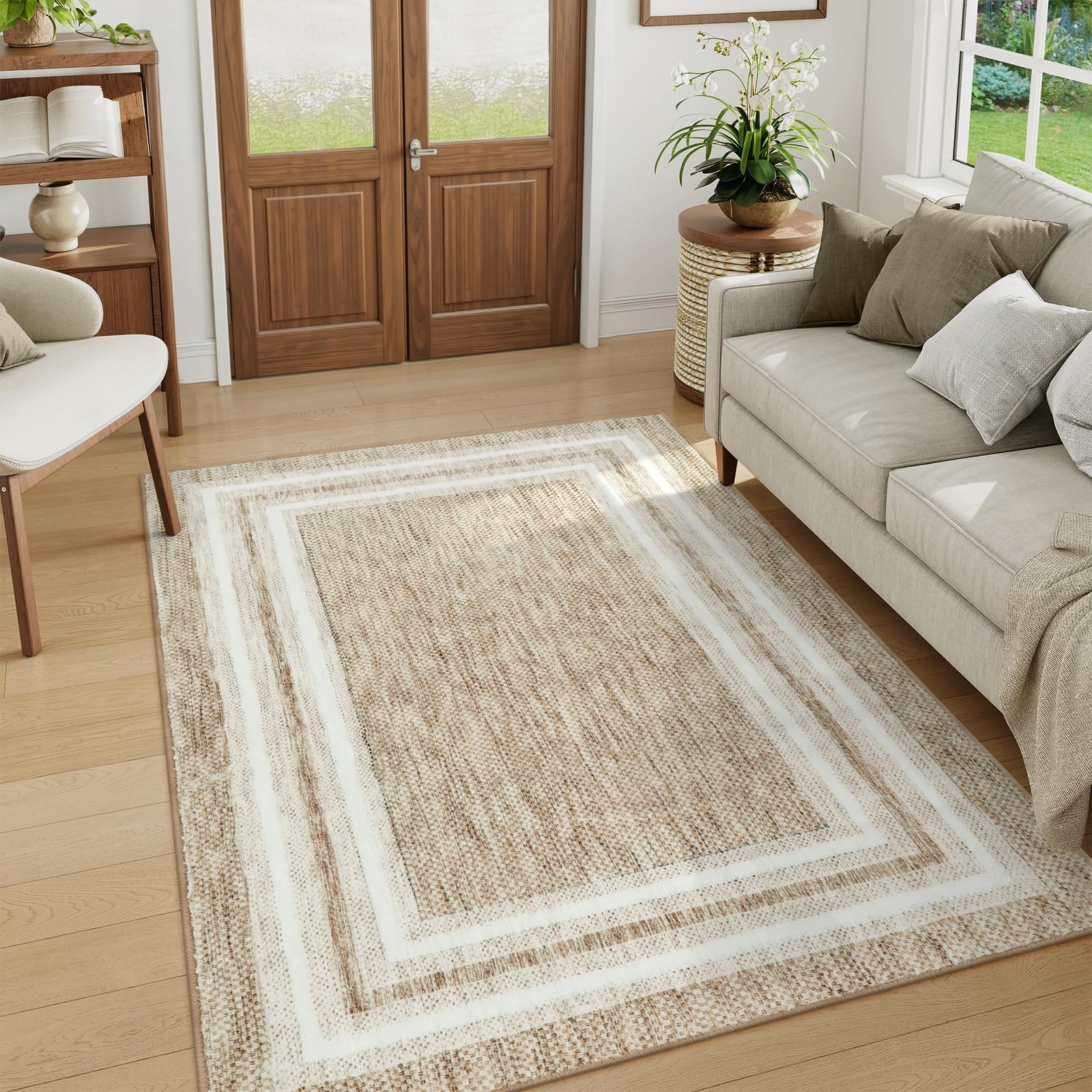 OJIA Modern Bordered 5x7 Area Rugs, Washable Rugs for Living Room Printed Non Slip Bedroom Rug Rubber Backed Non-Shedding Floor Carpet Accent Rug for