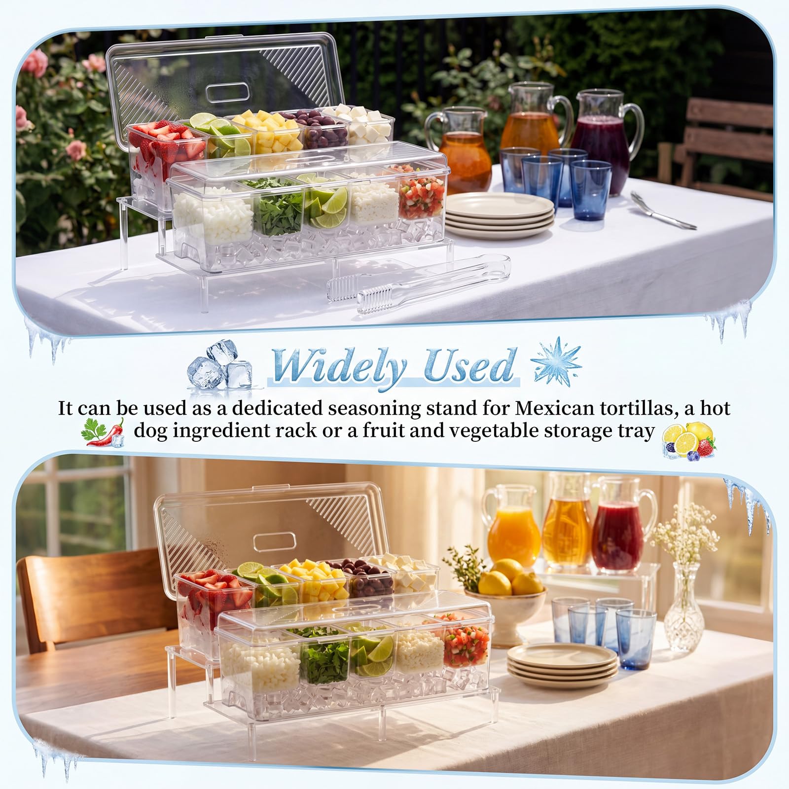 Hushee 17-teiliges Eisgekühltes Gewürz-Servier-Set enthält transparente, gekühlte Gewürzbehälter mit Deckel, abnehmbare Fächer, Acryl-Display, Regal, Servierlöffel und Clips für Barzubehör, Taco-Party
