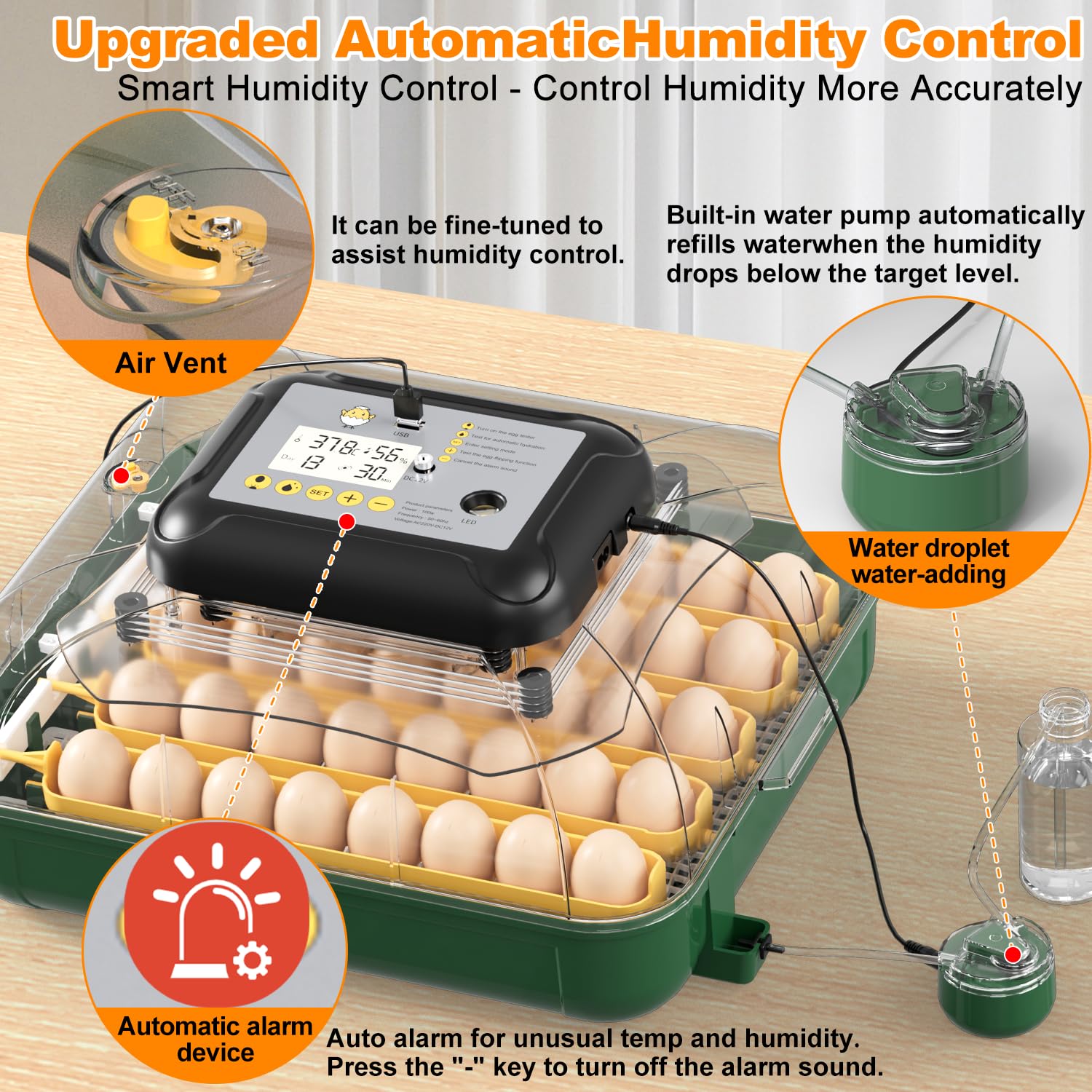 2026 Incubatrice per uova da cova con rotazione automatica delle uova, 63 incubatrice di pollo, Display di temperatura e umidità, giorno della schiusa, Candele per uova, Ricarica automatica dell'acqua