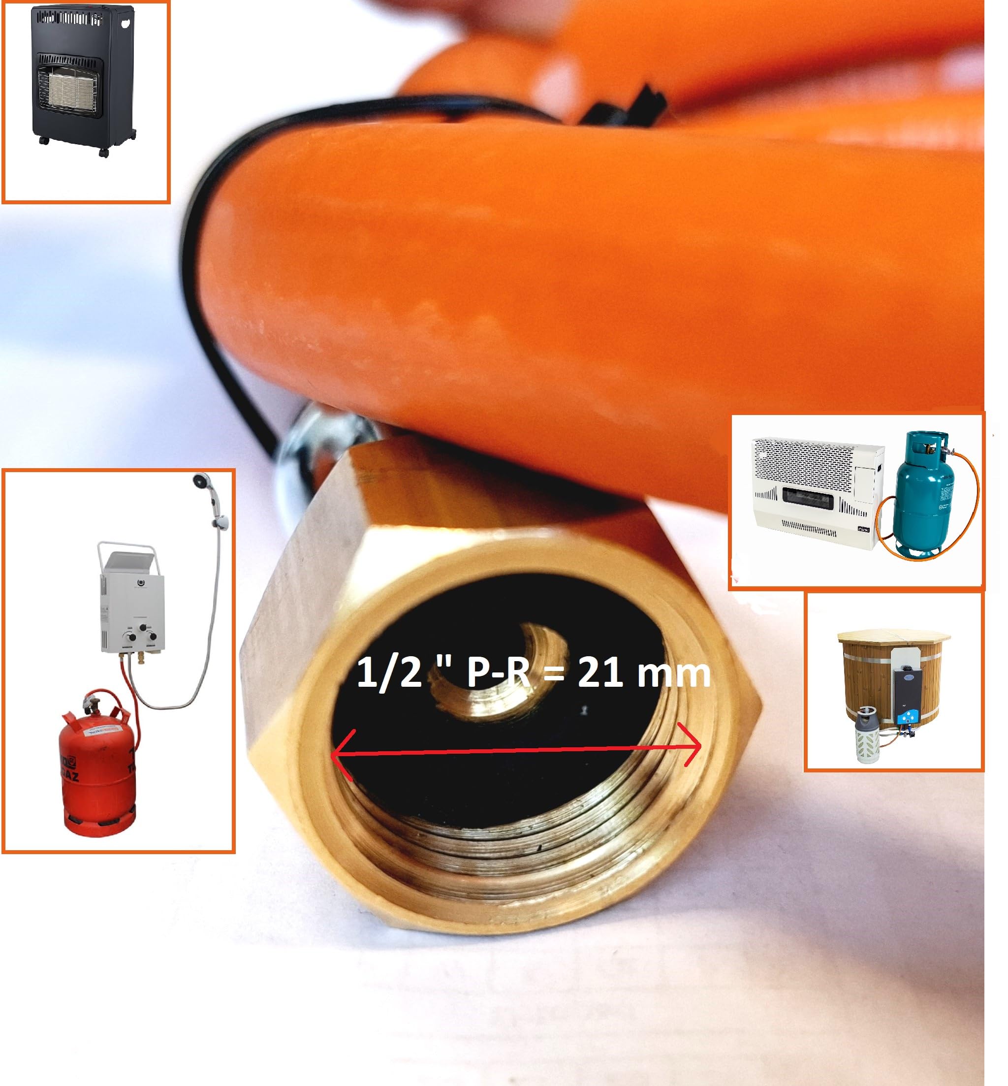 Manguera para hornillo de gas con reductor para botellas de 11 kg | 0,5 m 500 cm | Conector 1/2" derecho y reductor 21,8 mm
