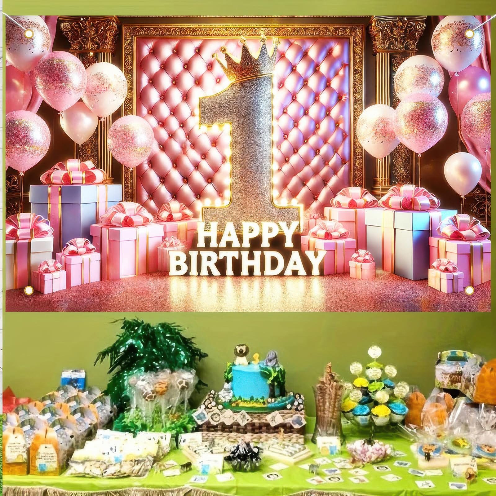 BlissYard 1st Birthday Backdrop Banner - 71x43 Inch Happy Birthday Decor With Crown & Balloons