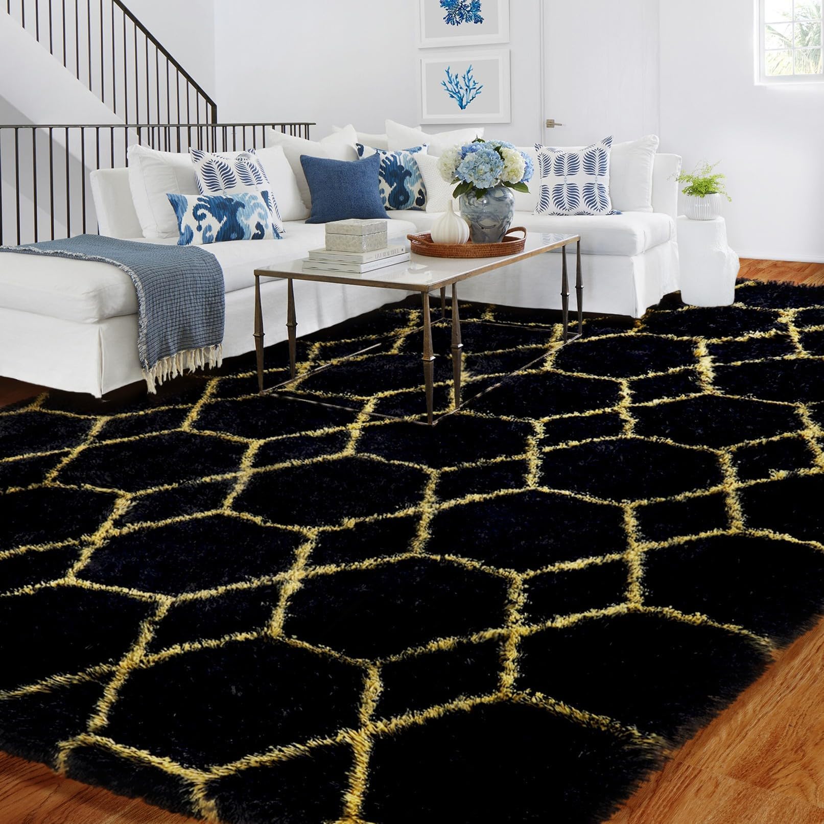 Geometric Large Rug for Living Room, 180x270 Black and Gold Bedroom Area Rugs for Kids Baby Room, Nursery, Dorm, Lounge Decor, Thick Soft Fluffy Plush Non-slip Floor Carpet