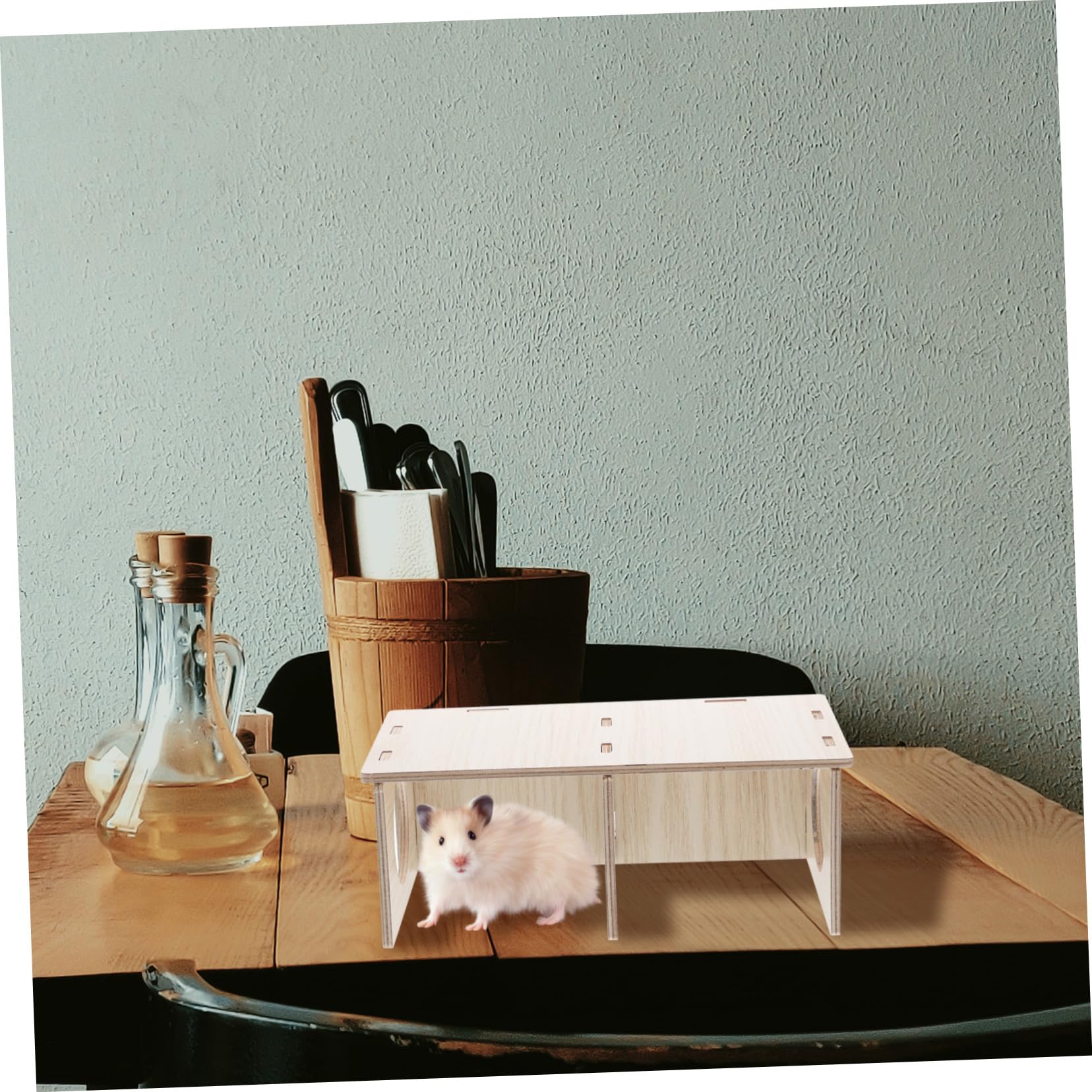 Cabaña de Hámster de Madera Amarilla, Escondite de Dos Habitaciones | Diseño Transparente, Juguete Masticable para Cobaya y Conejo, Forma Divertida para Jaula