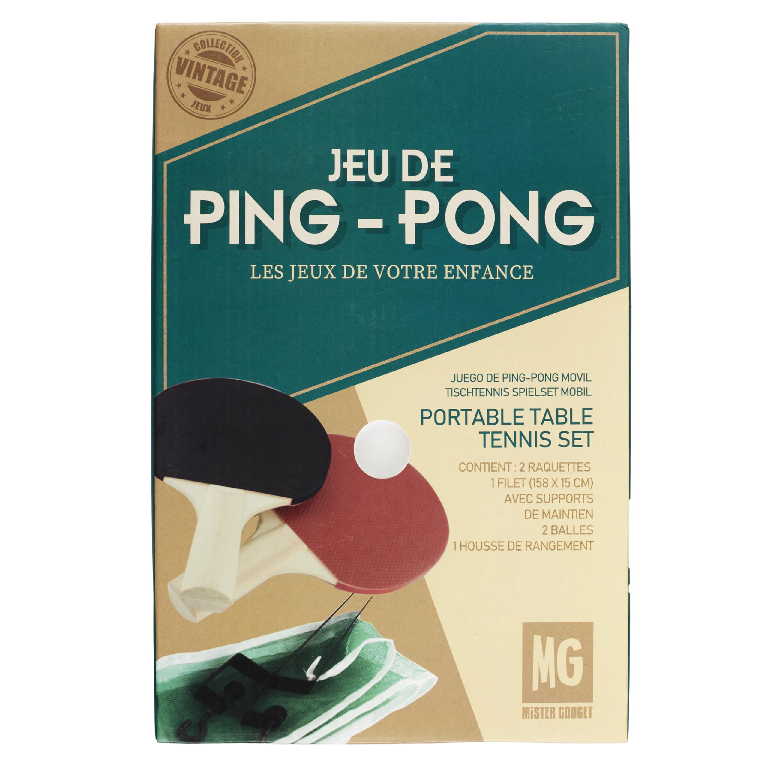 MISTER GADGET - MG3072 Jeu de Ping Pong Mobile Compact - Filet, 2 Raquettes, 2 Balles, Housse de Rangement - Adapté à Tables Jusqu'à 3,7 cm d'Épaisseur - Taille M - Multi-Couleur