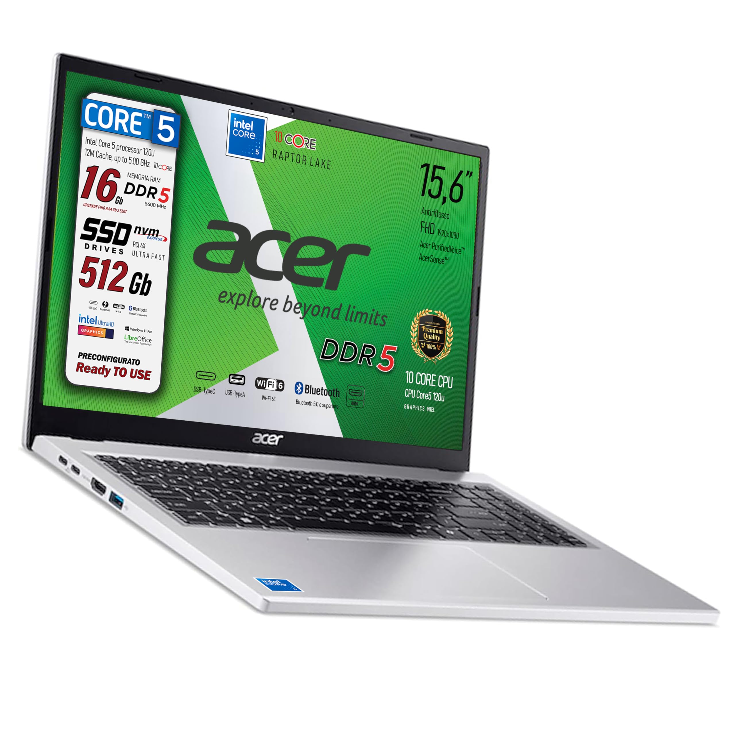 Acer Notebook Extensa Silver, Intel Core 5-120U, 16GB DDR5, SSD 512, 15,6" | Display FHD antiriflesso ,Wi-Fi6, 4 USB di cui 2 USB Type-C, Pronto all'uso, include alimentatore e Libre Office, Gar. Italia