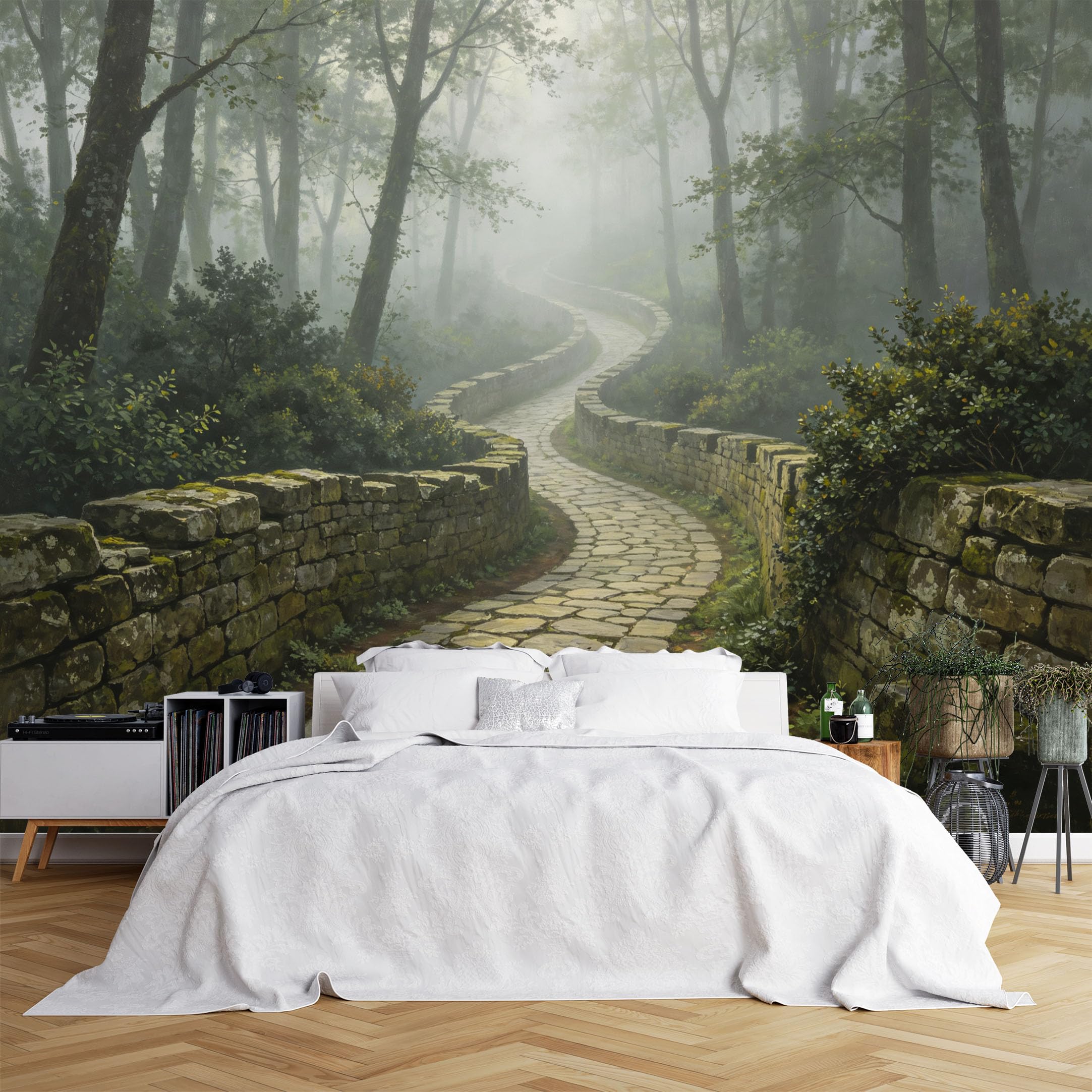 Custom Size Wall Murals Misty Forest Stone Path with Moss Wallpaper, HD Self-Adhesive Removable Wallpaper for Living Room, Bedroom