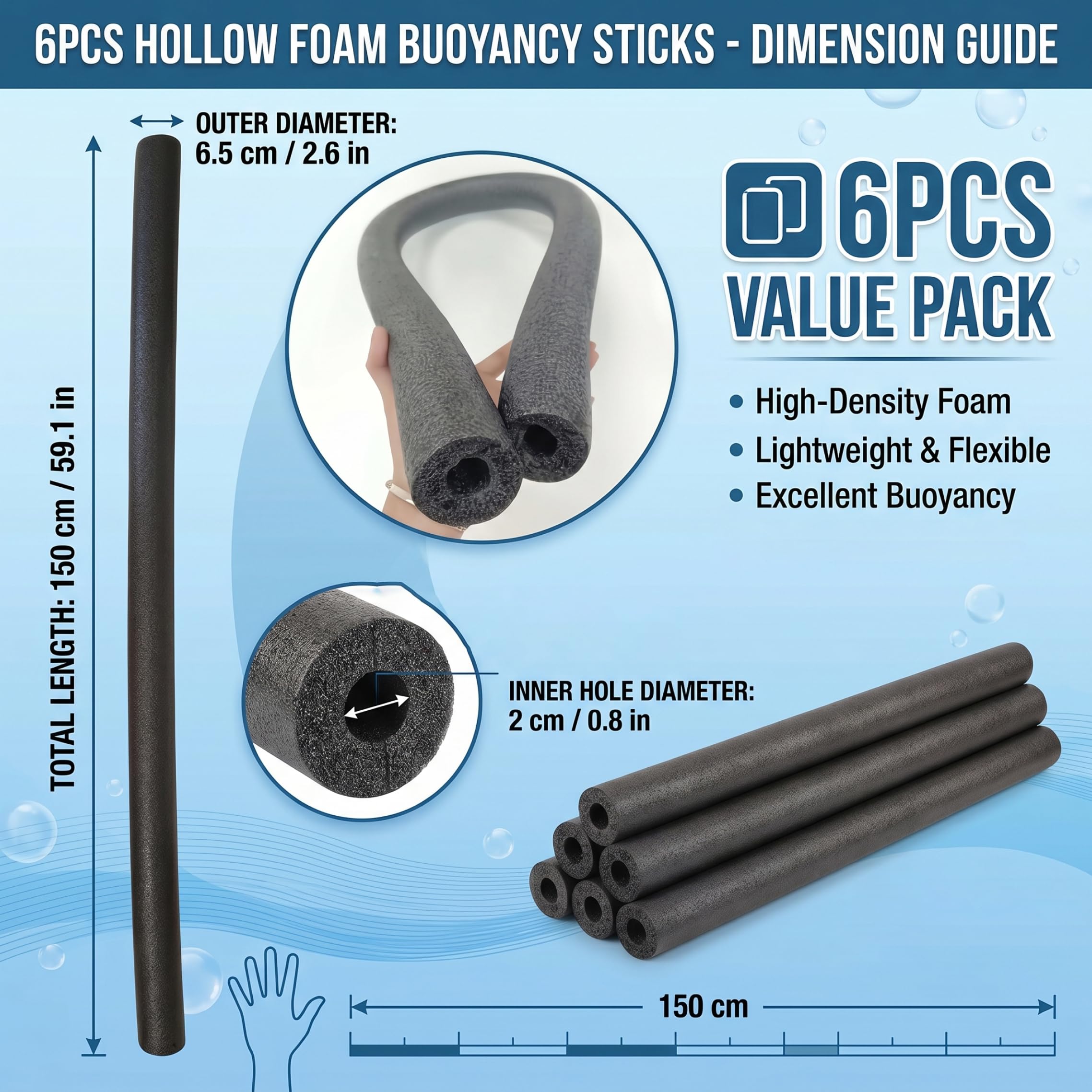 Pool Noodles Bulk 6PCS Flotador Hueco de Espuma de PE de 59 Pulgadas Antideslizante Amortiguador para Manualidades en la Playa Bricolaje Negro