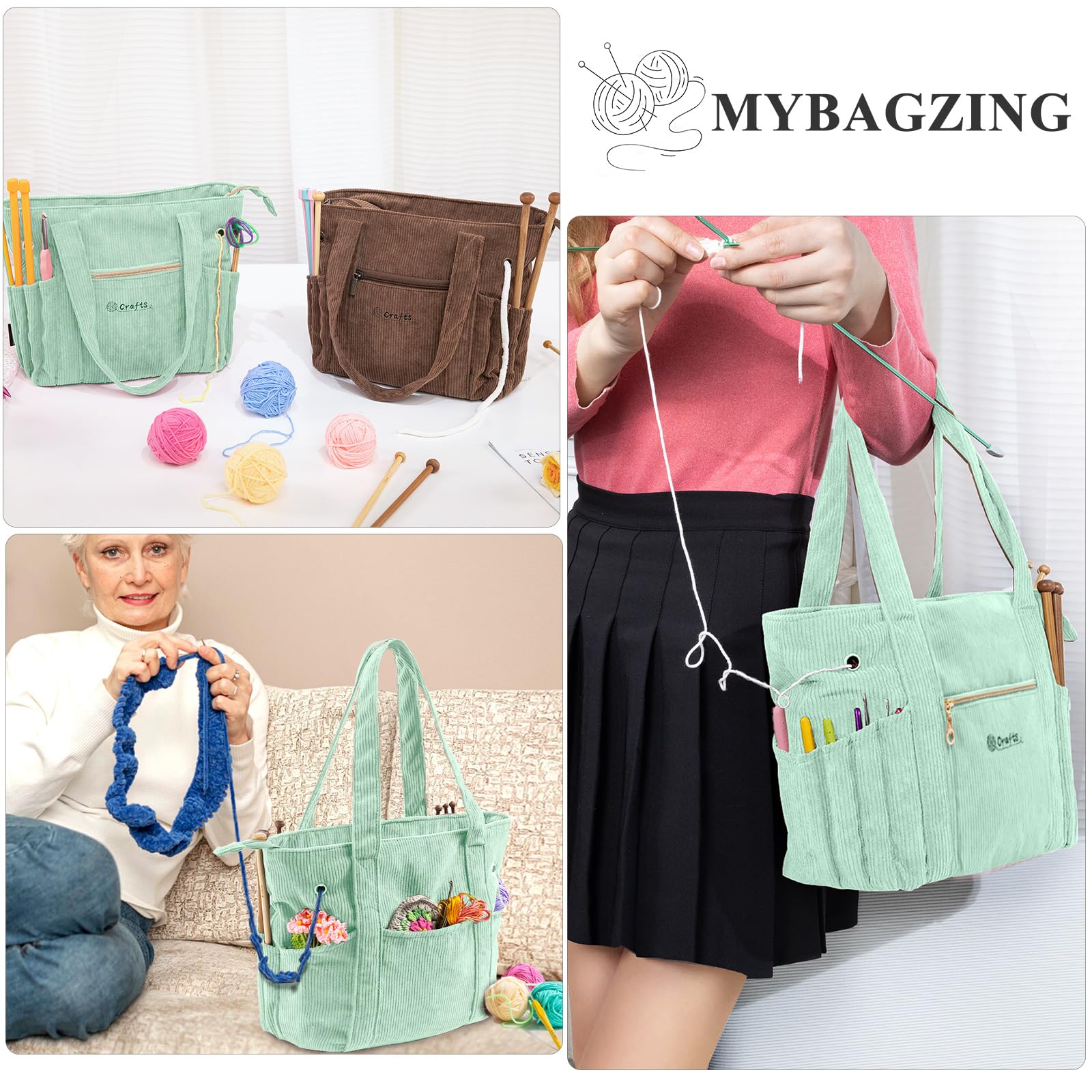 MYABGZING Häkeltasche aus Cord – Große Garn-Aufbewahrungstasche mit Ösen, Taschen und Nadelhaltern – Stricktasche Organizer für Häkelnadeln, Zubehör, Werkzeuge und Projekte – Geschenk für Stricker und