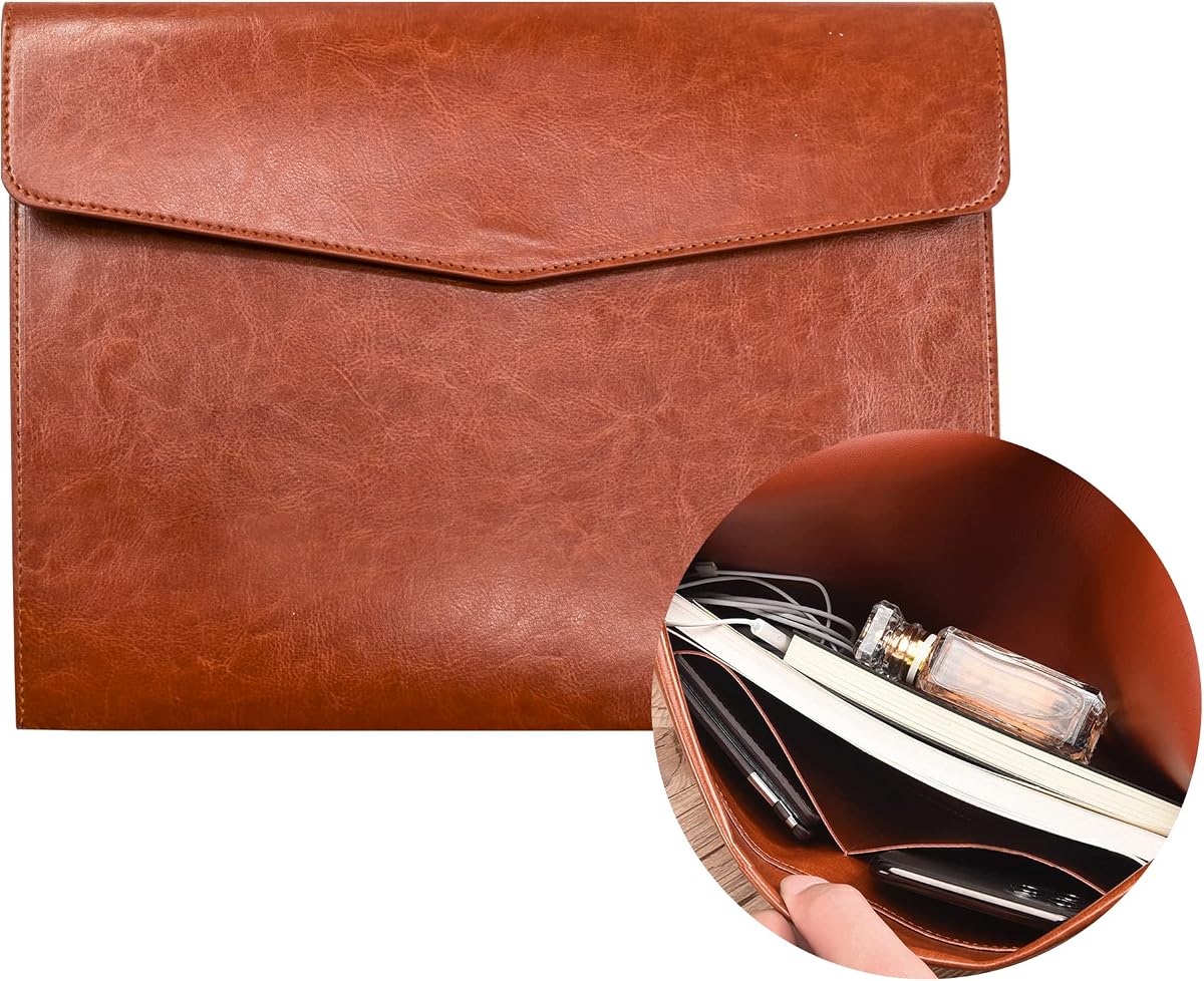 VANRA File Folder Organizer PU Leather File Jackets Document Holder Project Pockets with Magnetic Closure Button and Inner Bag for A4 Letter Size Paper (Brown)