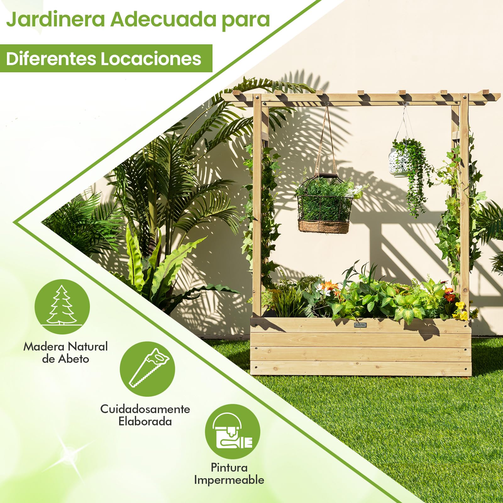COSTWAY Jardinera Elevado con Enrejado Arqueado, Techo Colgante, Macetero, Orificios de Drenaje, Contenedor Vertical de Plantas, Macetero de Madera Interior Exterior para Jardín Patio (Natural)