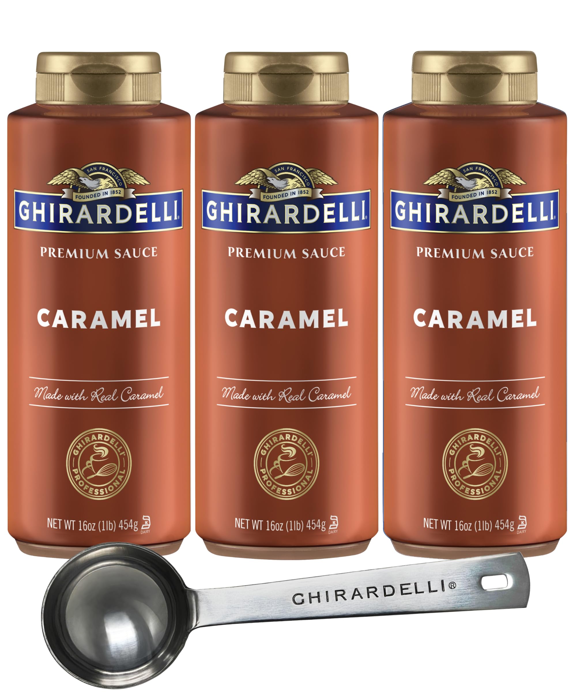 Ghirardelli Caramel Sauce Squeeze Bottle, 16 Ounce (Pack 3) with Ghirardelli Stamped Barista Spoon