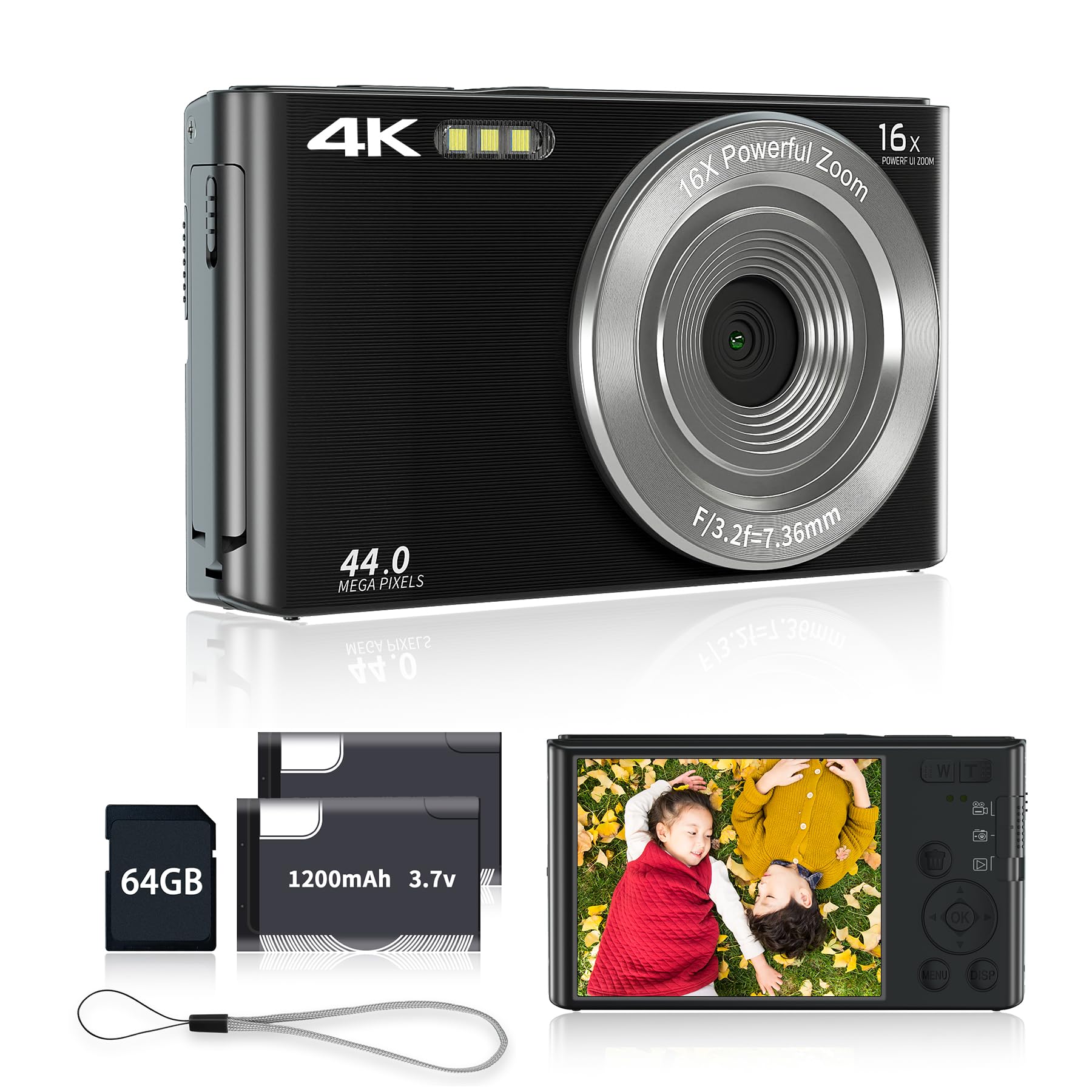 Digital Camera 4K for Teens with 16X Zoom auto Focus, Small Compact Portable Point and Shoot Boys/Girls Student Digital Camera with 64G SD Card, 2 Batteries(Black)