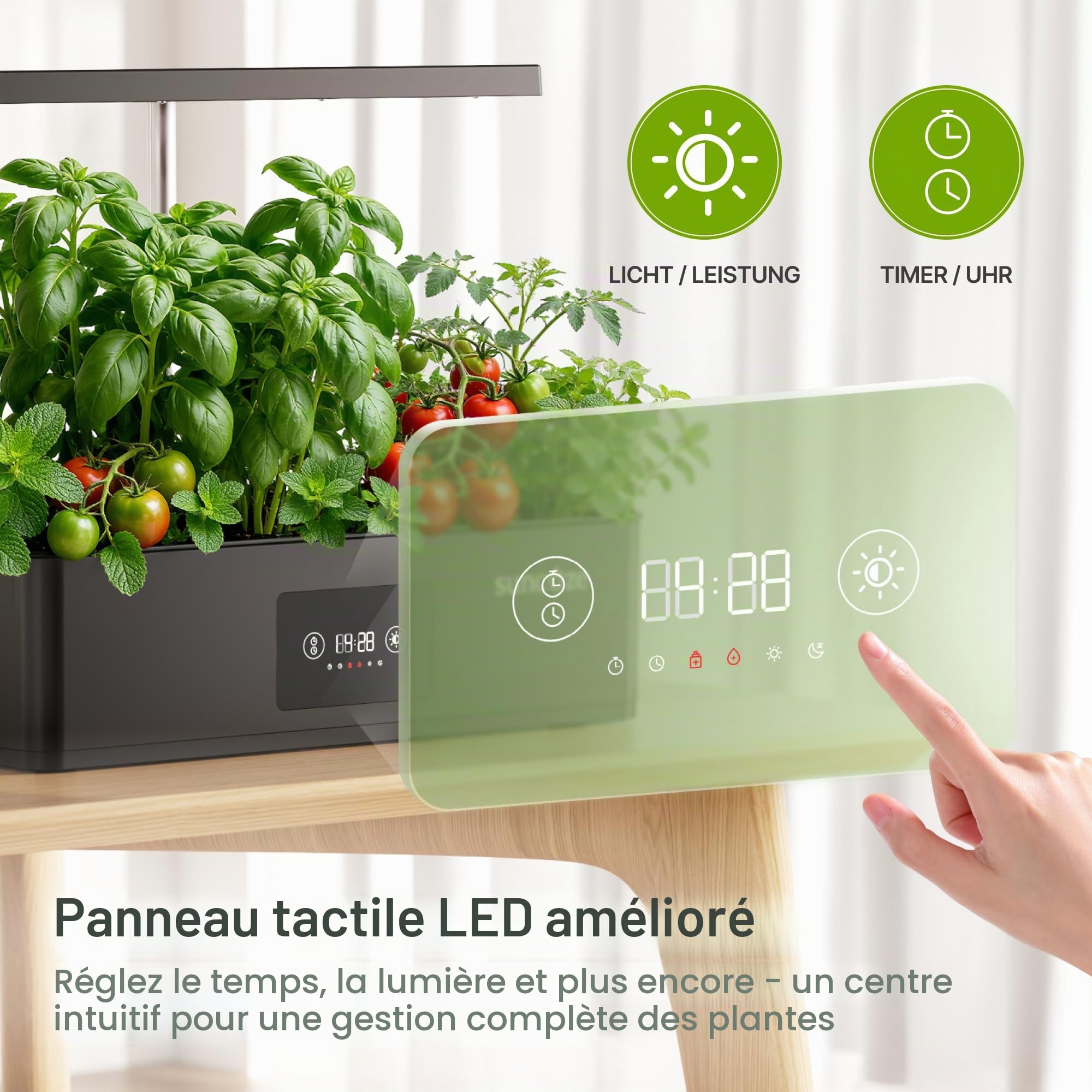 SUNCOZE Potager Hydroponique avec 12 Paniers Smart, Noir | Jardin d'Intérieur 4L avec Lampe LED 24W, Kit Hydroponique avec Minuterie et Réglage de l'Heure, pour Maison et Cuisine