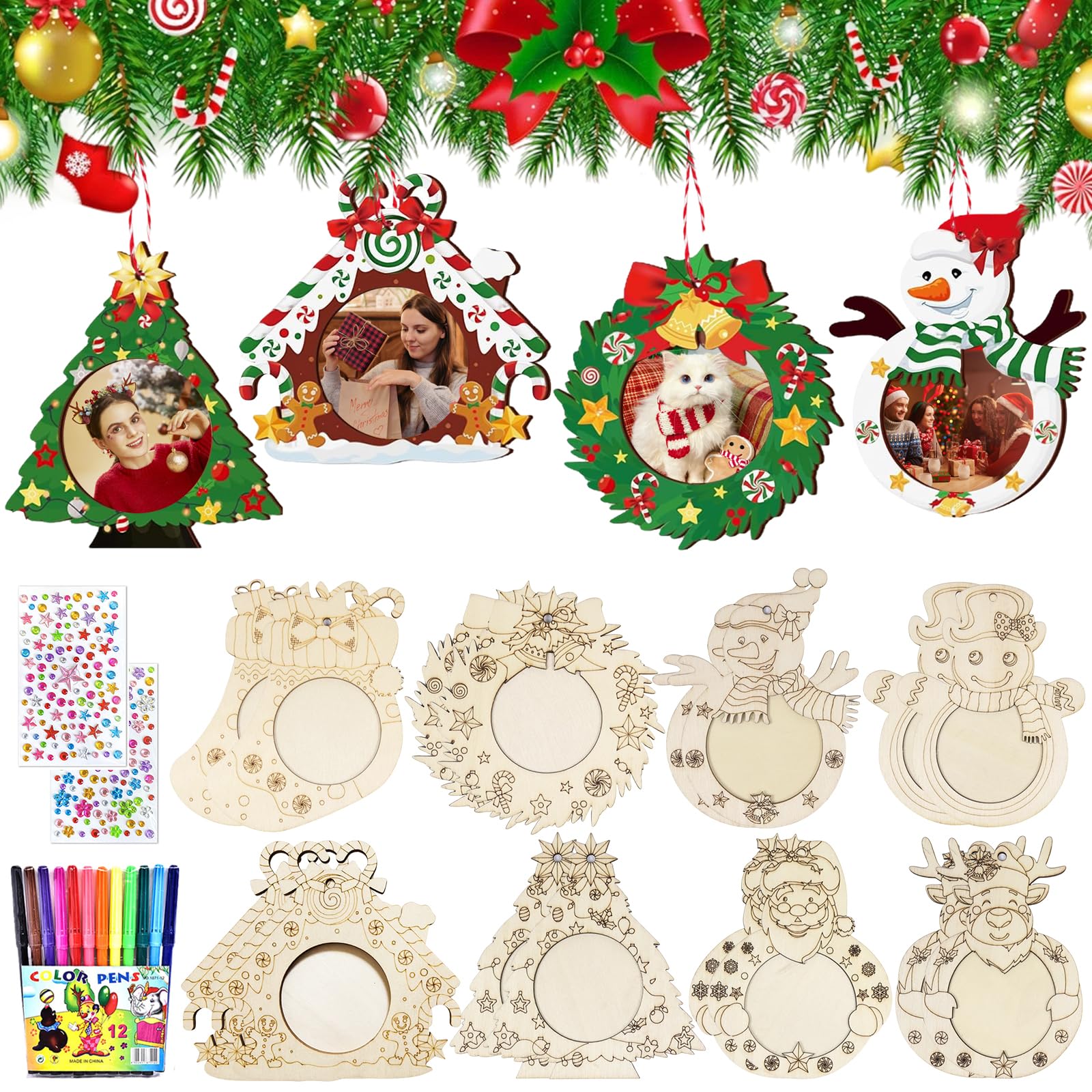 Juego de 16 marcos de fotos para árbol de Navidad, colgante de madera de Navidad, colgante de madera de Navidad, para pintar, decoración de Navidad, decoración de ventana