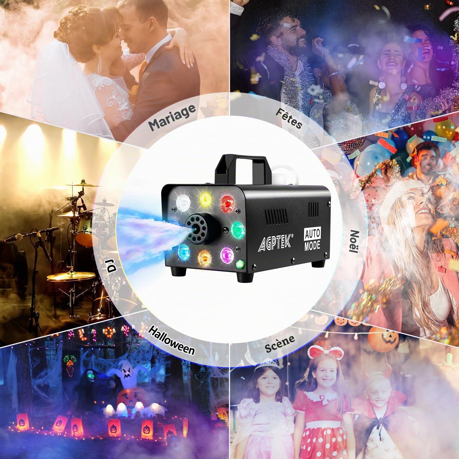 Machine à fumée avec télécommande sans fil & LED lumière couleur activée, facilement transportable et resistante. Idéal pour Halloween, Noël, mariages, spectacles sur scène etc