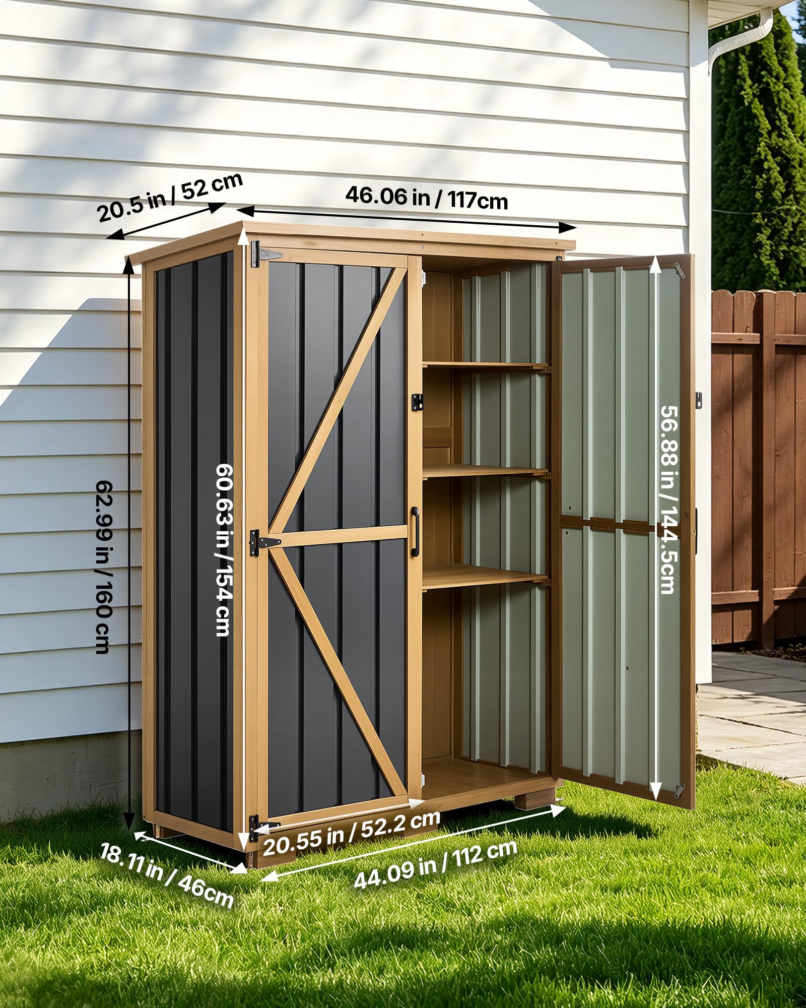 VEVOR Gartenschrank Holz, Geräteschrank mit Abschließbaren Türen, Gerätehaus mit Regalen & Boden, Geräteschuppen, Gartengerätehaus, Werkzeugschrank für Terrasse, Garten, Rasen, 112x46x160 cm